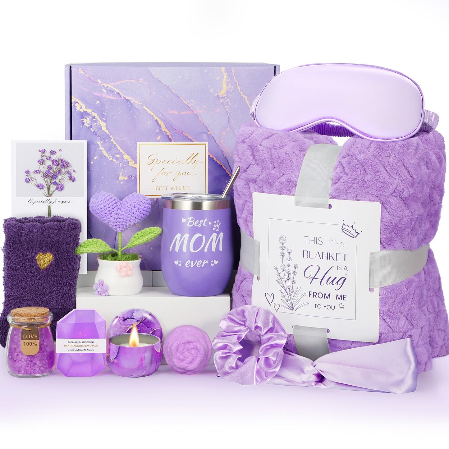 Gift for Mom, Mothers Day Gifts for Mom from Daughter or Son, Lavender Relaxing Spa Gift Baskets with Flannel Blanket, Thoughtful Self Care Gifts for Mother’s Day, Christmas, Valentine’s Day