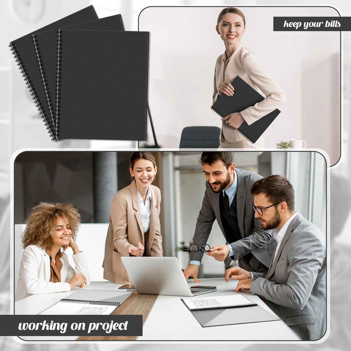 12 Pcs 10 Pocket Folder Bulk Plastic Spiral Project Organizer for Documents Papers Homework Portfolio Folder Binder with Plastic Sleeves School Office Supplies (Black)