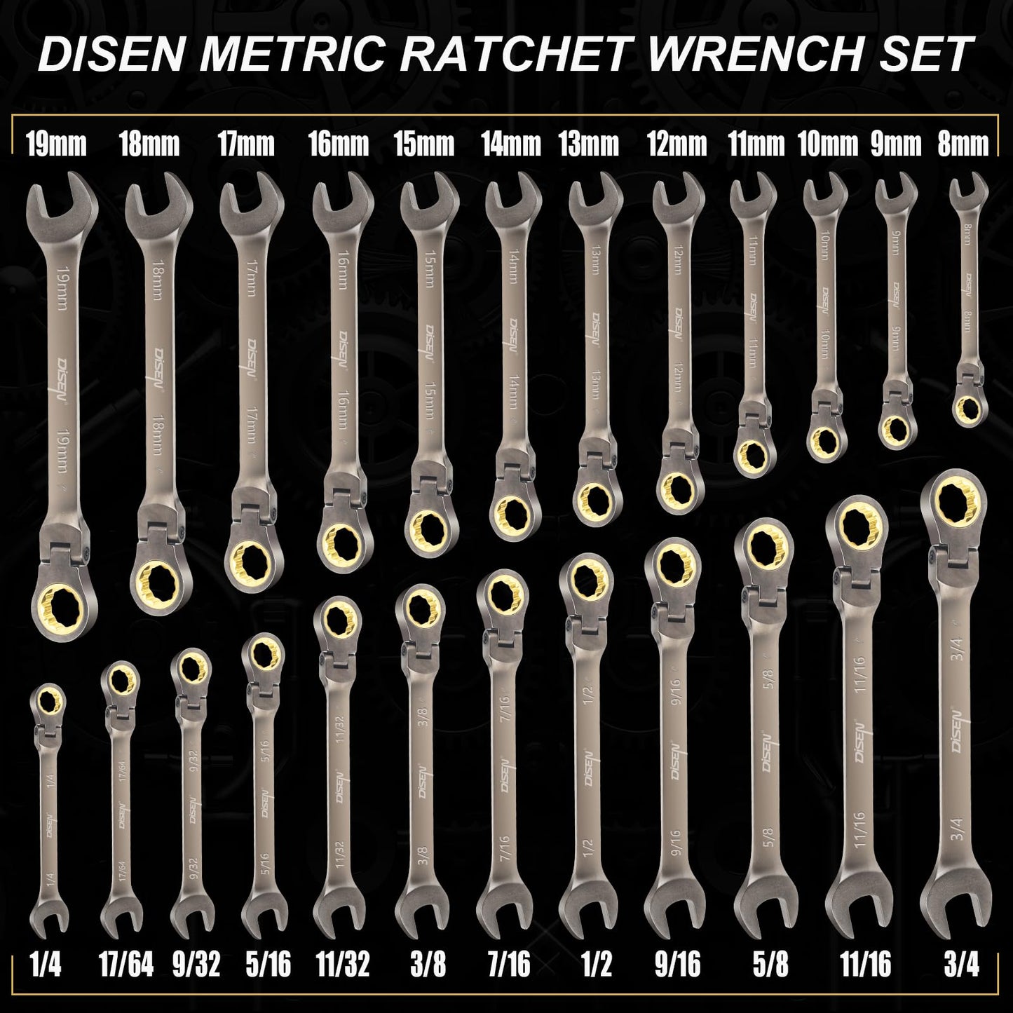 DISEN 24pcs 90-Teeth Ratchet Wrenches Set, Flex Head Ratcheting Wrench Set Metric 8MM-19MM and SAE Wrenches 1/4 Inch-3/4 Inch, Nickel Plating Cr-V Constructed with Organizer Rack