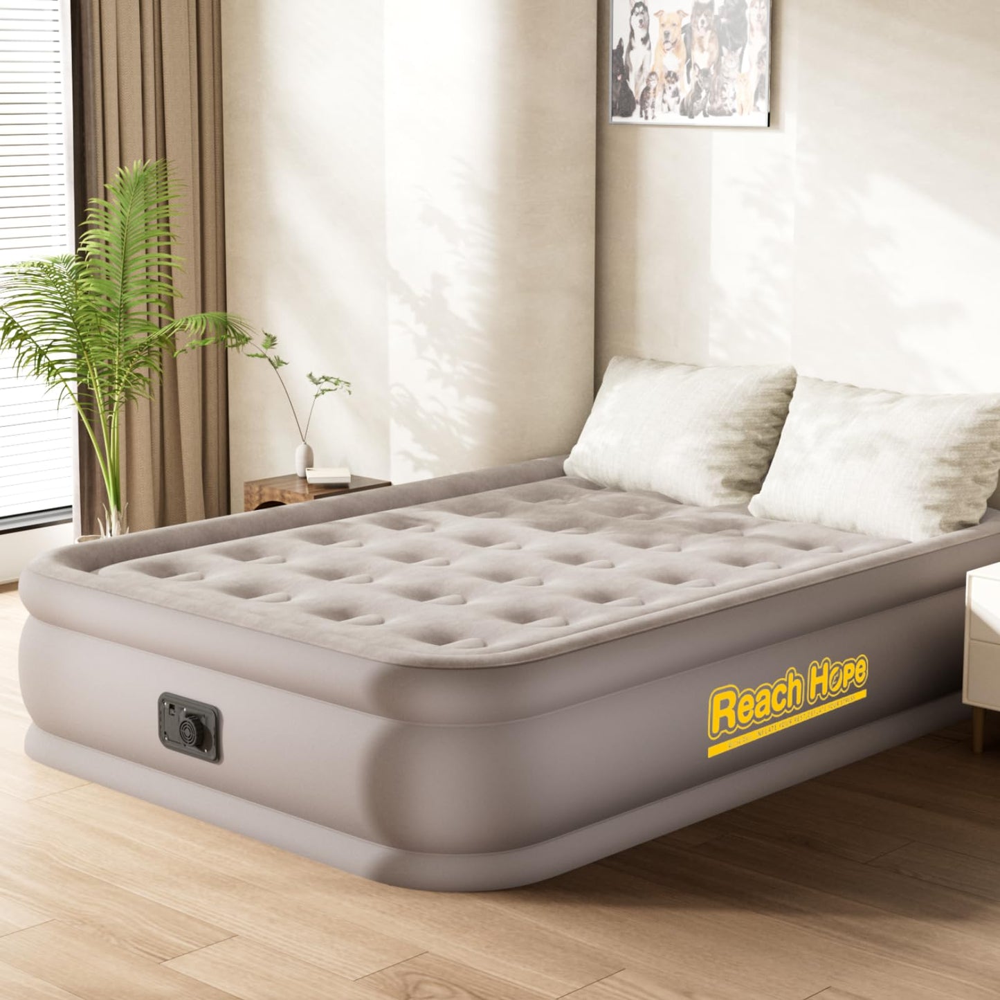 REACH HOPE Air Mattress with Built in Pump Full, Plug-in Electric Pump Self-Inflatable Air Bed, Blow Up Travel Bed, Comfortable Airbed for Rental Home, Camping and Guests.(18" Height Full, Khaki)