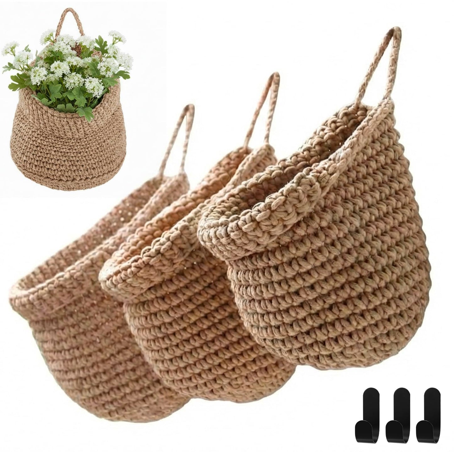 Honeydak Boho Decor Hanging Wall Baskets for Kitchen 3 Pack Teardrop Baskets with Hooks Storage Fruit Onion Vegetable Potato for Home 3 Sizes(Light Linen,Barrel,Cotton Rope)