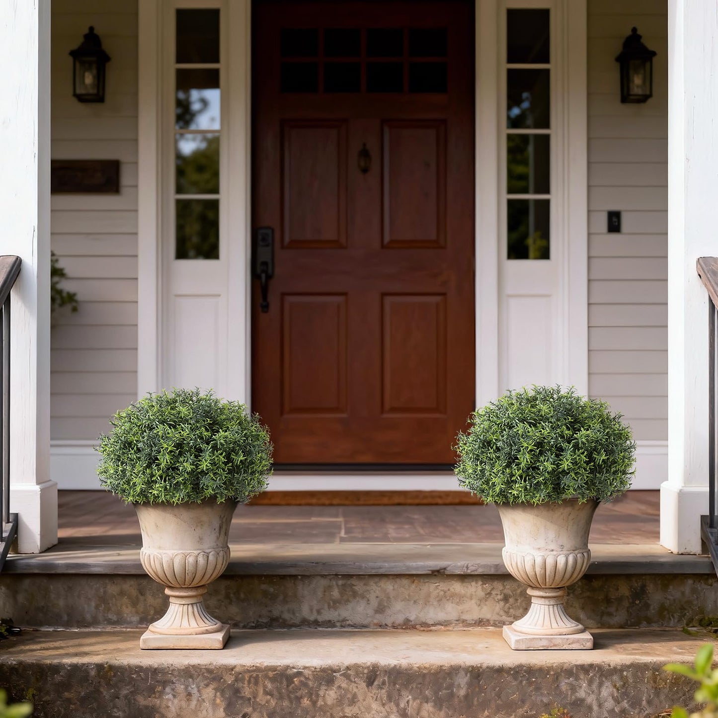 2 Sets Artificial Rosemary Topiary Ball Trees for Front Door - UV Resistant Faux Outdoor Rosemary Bushes, Fake Spring/Summer Greenery Potted Plants for Farmhouse Garden Porch Outside Decor