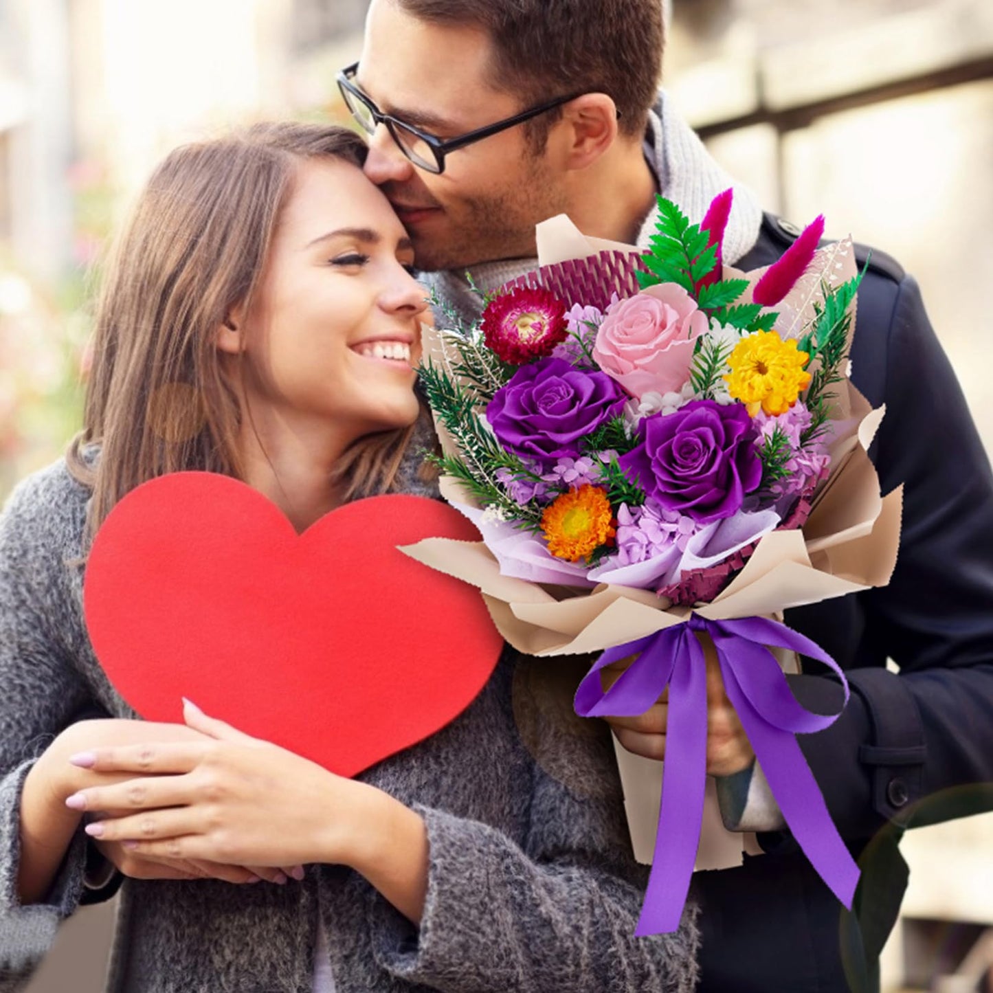 Flomoon Forever Flowers Gifts for Her, Preserved Flowers Bouquet Birthday Gifts for Women, Preserved Roses for Grandma Wife Anniversary Valentine's Day Mother's Day (Purple Paper)