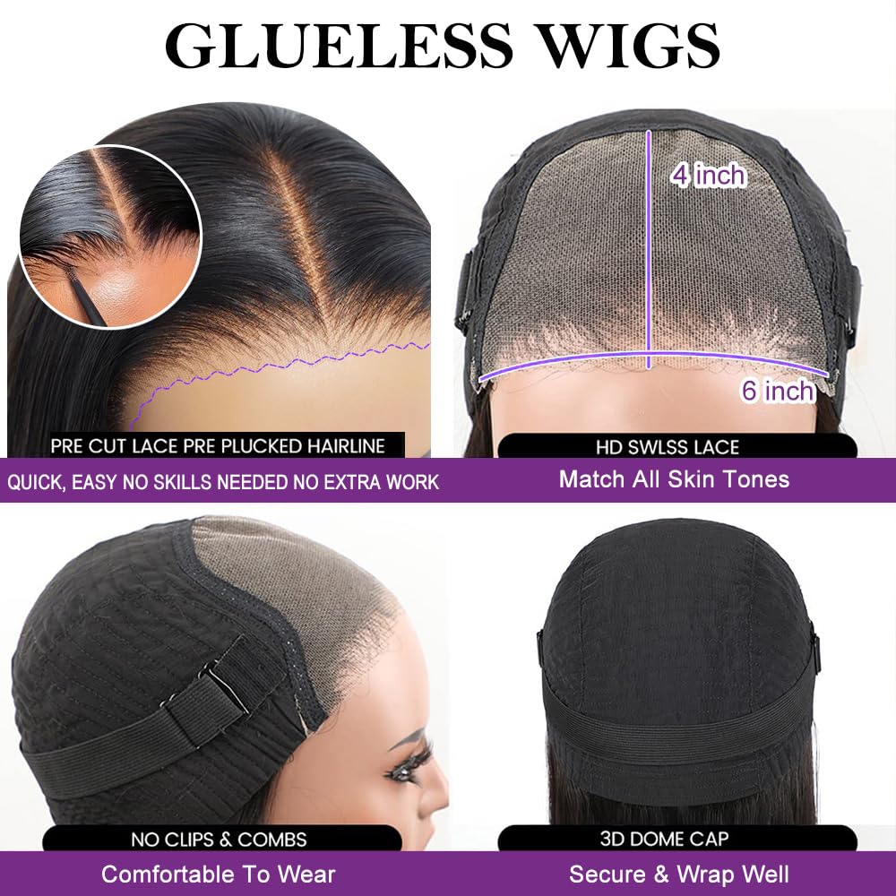 Daveila Body Wave Glueless Wig Human Hair Pre Plucked Pre Cut Glueless Lace Front Wig Ready to Wear 6x4 Body Wave Closure Wig Human Hair 180% Density Body Wave Pre Plucked Wig Natural Hairline 12 Inch