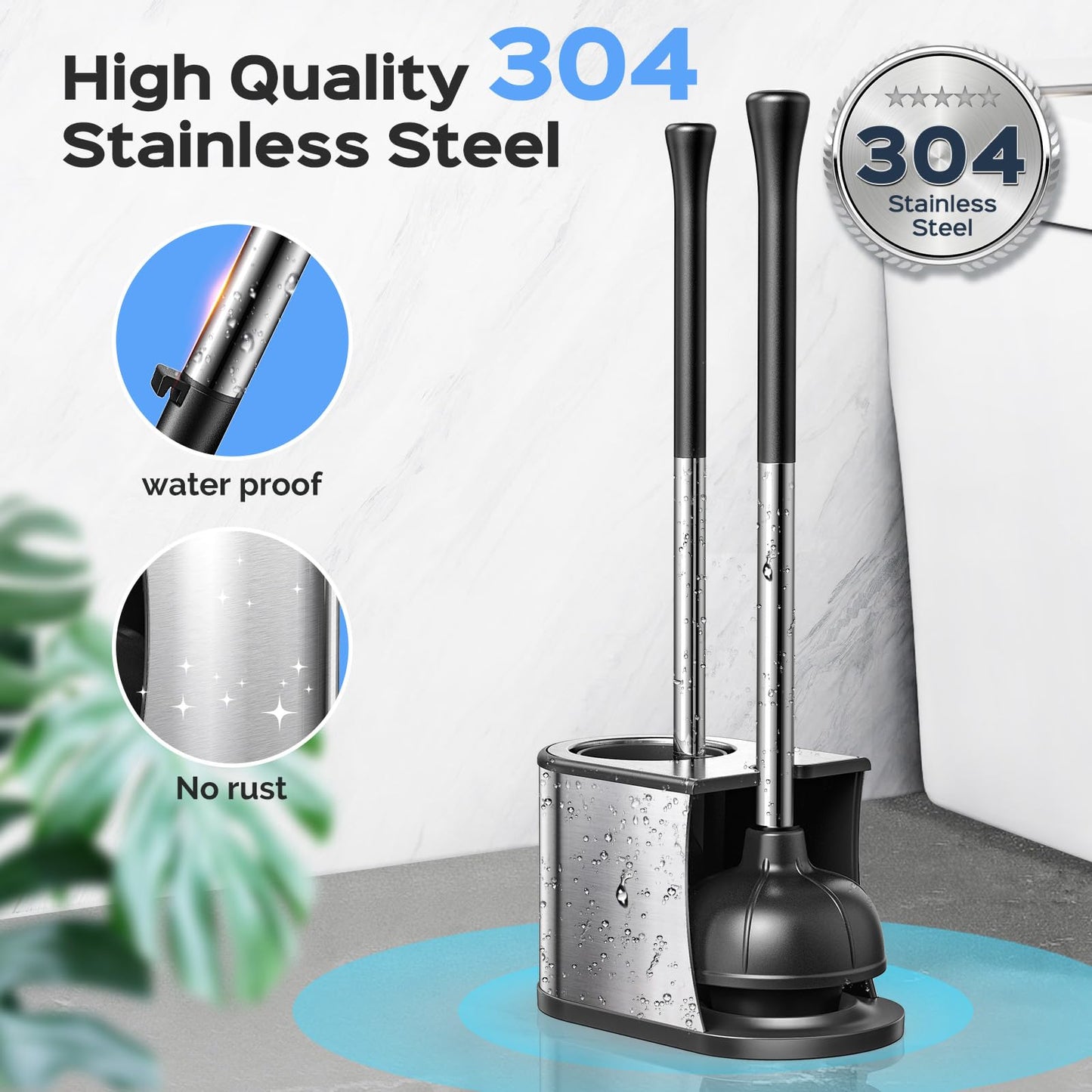 HAMITOR Toilet Plunger and Brush Set: 2 Pack 2 in 1 Stainless Steel Rustproof Combo with Curved Bristles - Heavy Duty Toilet Unclogging for Family Bathroom - Compact Apartment Cleaning Accessories