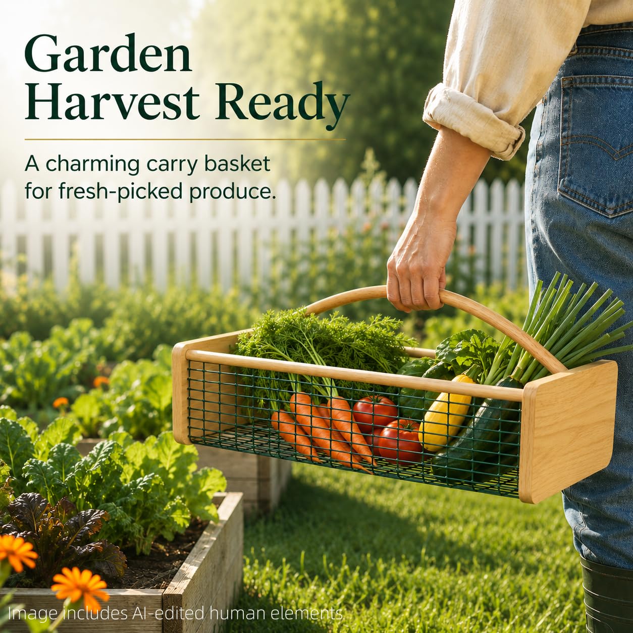 Extra Large Garden Harvest Basket for Vegetables, Wooden Garden Hod with Handle, Coated Metal Mesh Produce Caddy for Gathering, Rinsing, Draining & Countertop Display