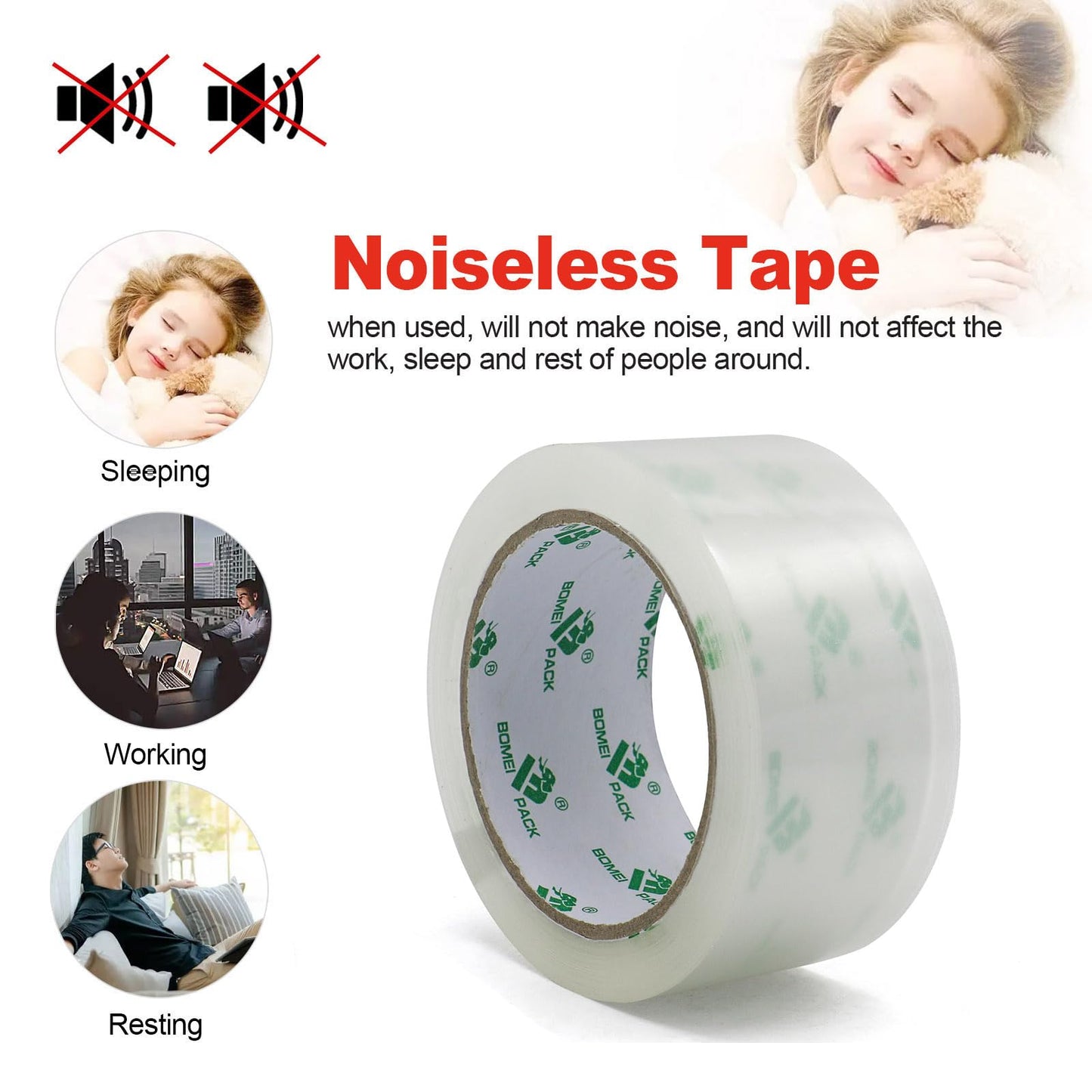 BOMEI PACK Clear Silent Packing Tape 18 Rolls, NO Noise Quiet Tape Refill Rolls for Shipping, Moving and Packaging, 2.4Mil 1.88Inch 55Yards