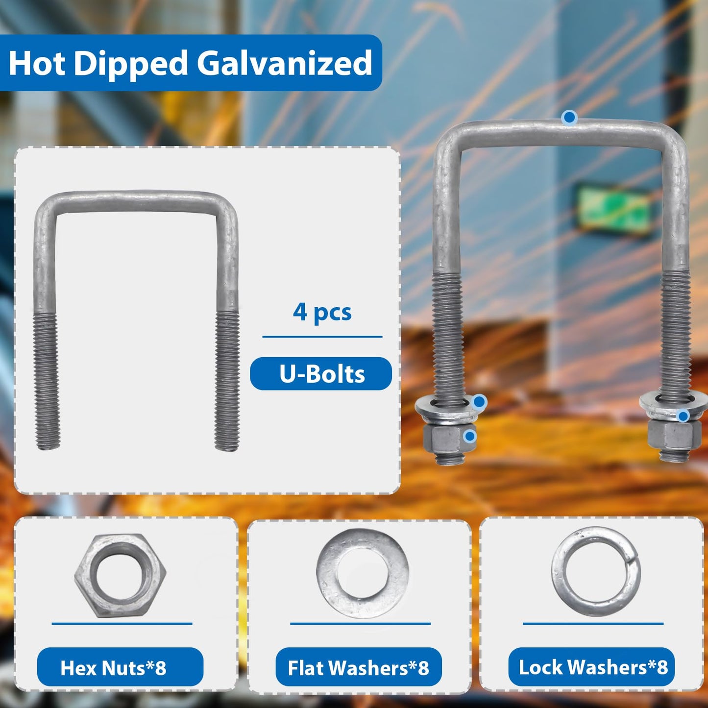 4 Pcs Hot Dipped Galvanized Square U-Bolts,3 inch Wide,Boat Trailer U-Bolts with Washers and Nuts for Boat Trailer,Automobiles,Industrial,Heavy Duty U Bolt (1/2" D x 3 1/16" W x 4 5/16" L)