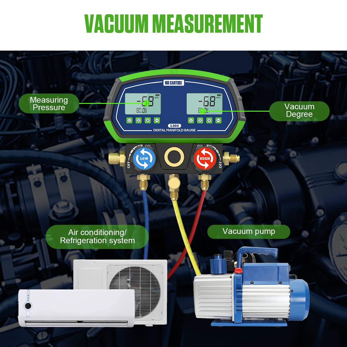 MR CARTOOL L302 Digital Manifold Gauge Set 2-Valve Refrigerant HVAC Systems Leakage Pressure Tester Tool with 3 Hoses for Air Conditioning Refrigeration Recharging