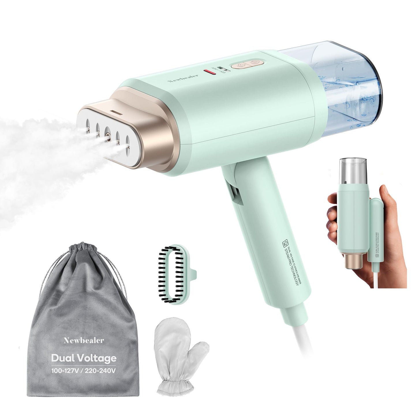 Newbealer Steamer for Clothes, Dual Voltage 100-240V, 1200W Travel Steamer with Horizontal & Vertical Steaming, 20s Heat-up, Foldable, 1.72lbs, 180ml Fabric Wrinkle Remover (Green)
