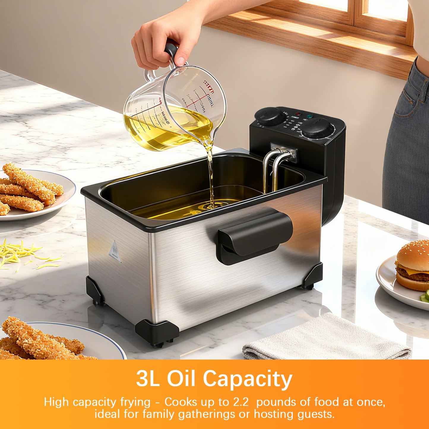 CATTLEMAN CUISINE Immersion Deep Fryer with Basket, 1600W, 3L Small Deep Fryer with Timer Control, Fryer Pot for Home Use, Temperature Control, Lid with Viewing Window, Stainless Steel Electric Fryer