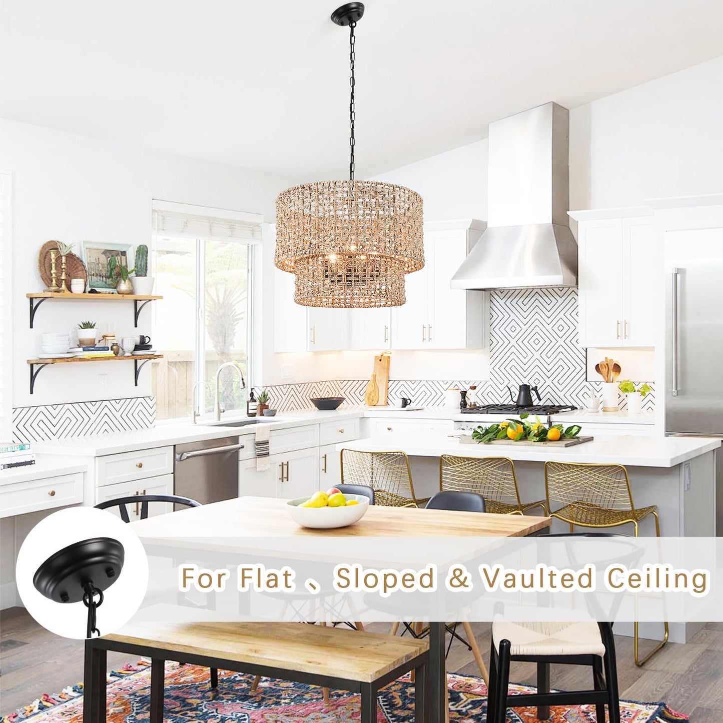 18.9" Rattan Farmhouse Chandelier 5-Light Large Boho Wicker Pendant Light Fixtures Hanging Coastal Drum Lighting Hand 2 Tier Woven Chandeliers for Living Room Dining Room Kitchen Island Foyer Entryway