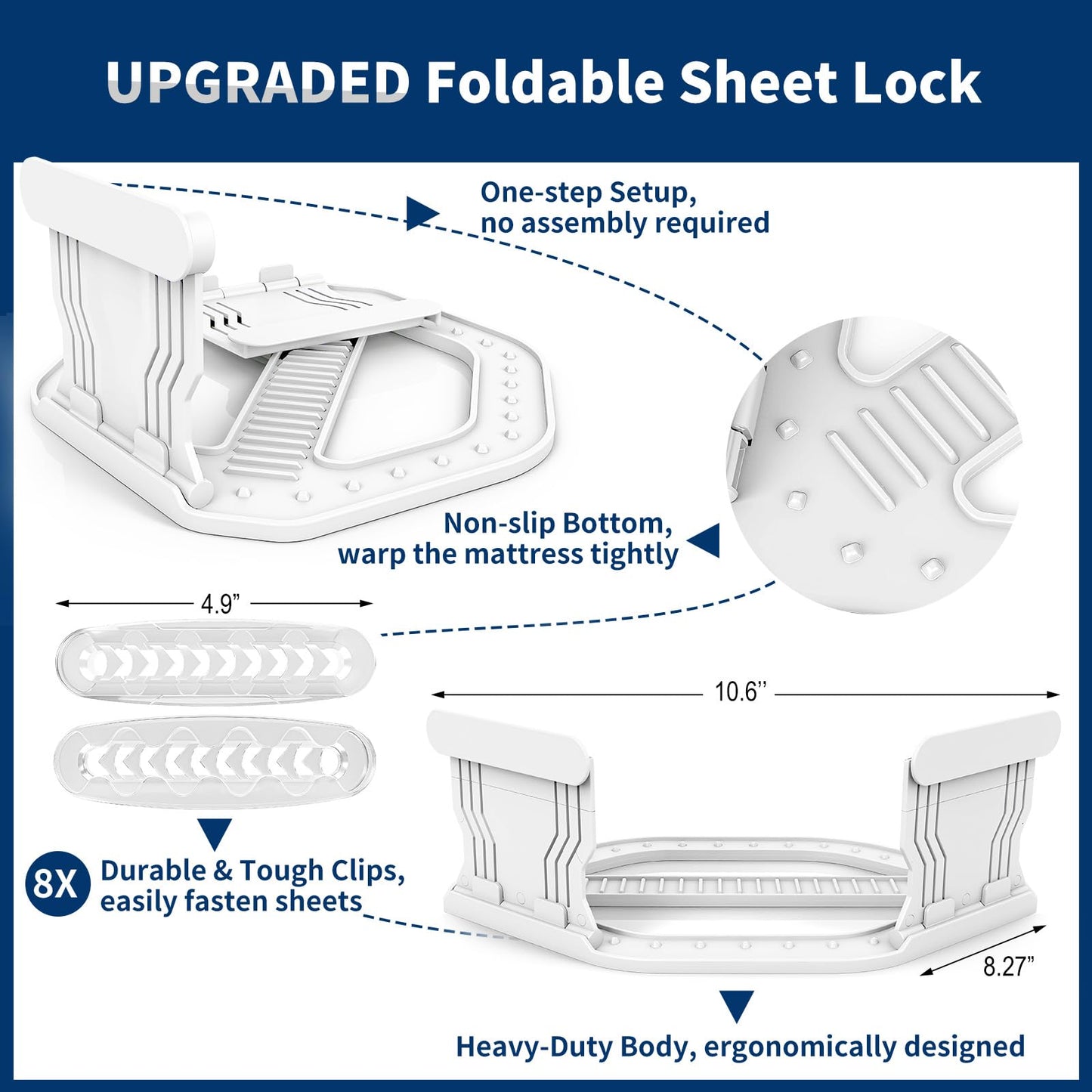 AMOVO Bed Sheet Holders for Corners Keep Sheets in Place Firmly - Foldable Fitted Sheet Holders Heavy Duty Sheet Locks Mattress Sheet Fasteners, Set of 4 Lock Sheet Clips (Snow-White)