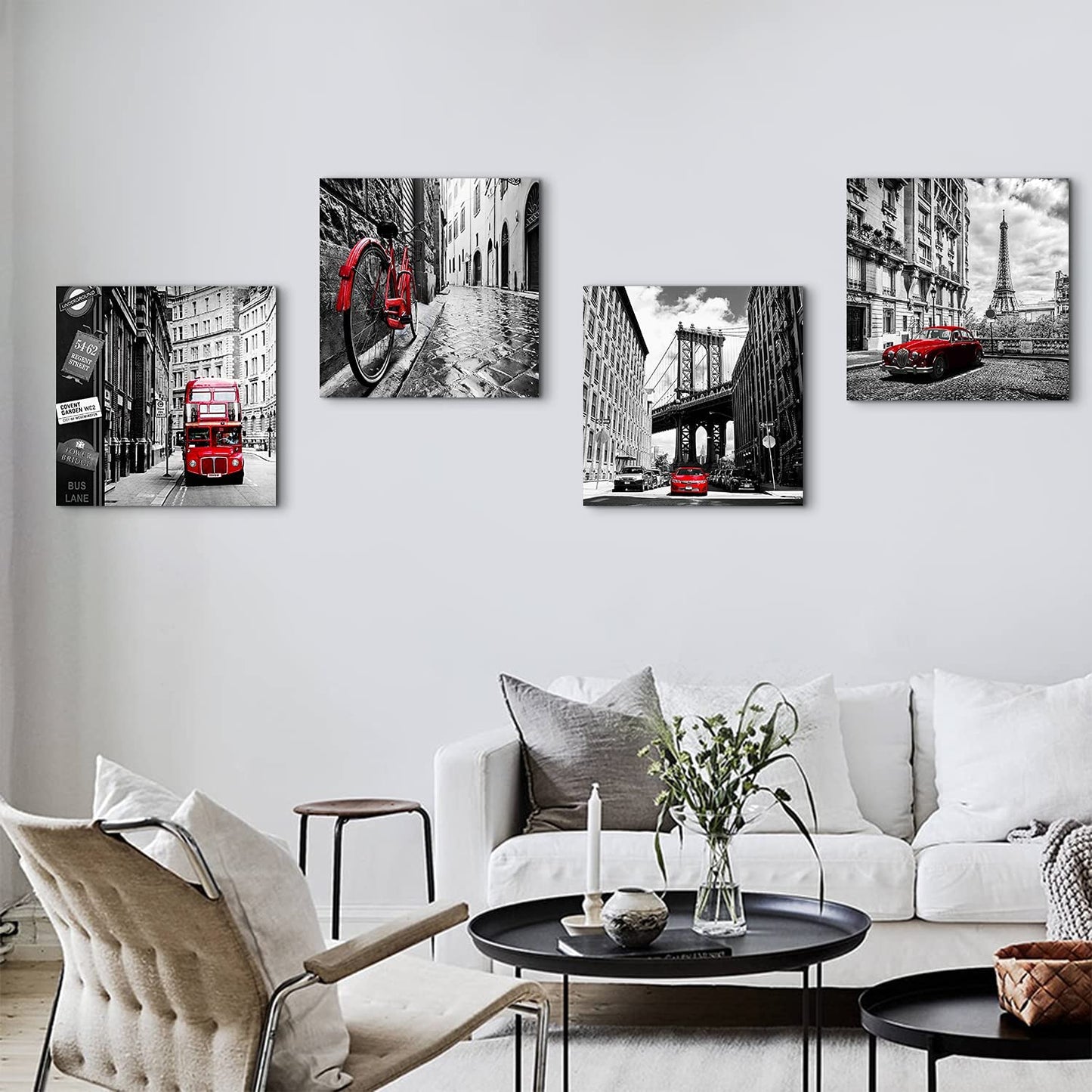 Black and White Canvas Wall Art Bedroom Decor Red City Landscape Pictures Prints Modern Artwork for Living Room Paris New York London Rome Contemporary Painting Kitchen Office Home Decorations 20x20"