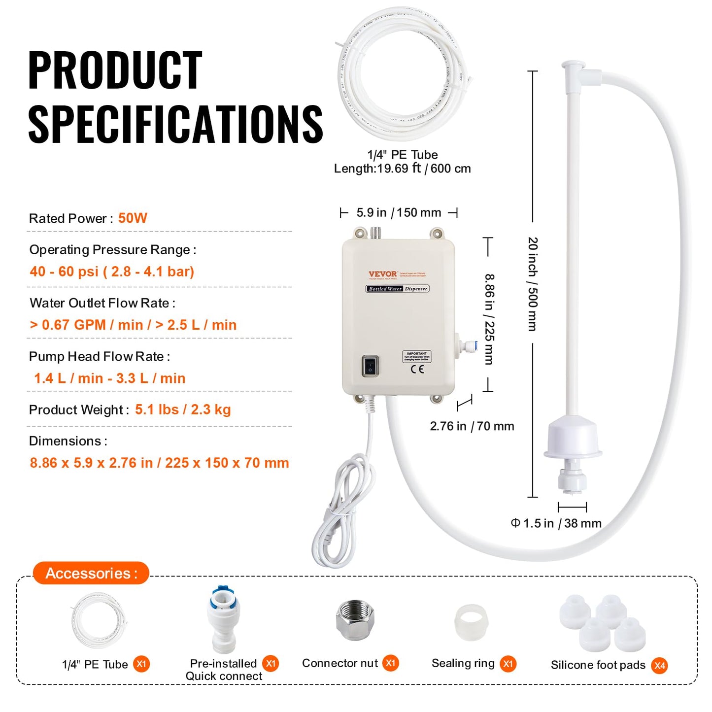 VEVOR Bottled Water Dispenser Pump System, 5 Gallon Dispensing System, Automatic Electric Water Dispenser, Single Inlet Water Jug Pump, Compatible Use with Coffee/Tea Machine, Refrigerator, Ice Maker