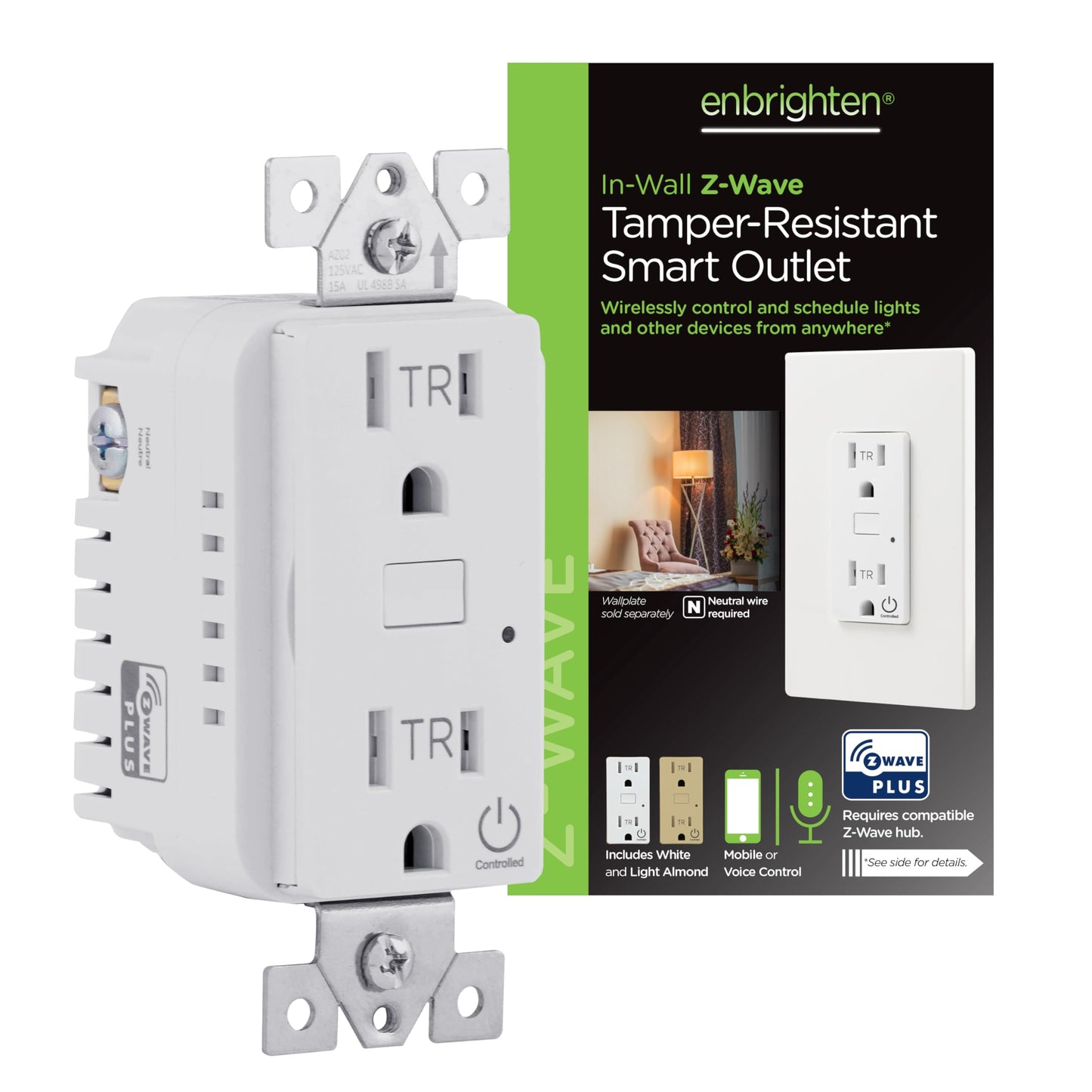 Enbrighten Z-Wave Plus Smart Receptacle, Works with Alexa, Google Assistant, Tamper-Resistant, Z-Wave Outlet, Always On Outlet, Hub Required, Smart Outlet, Lamps, Small Appliances, 700 Series, 58449