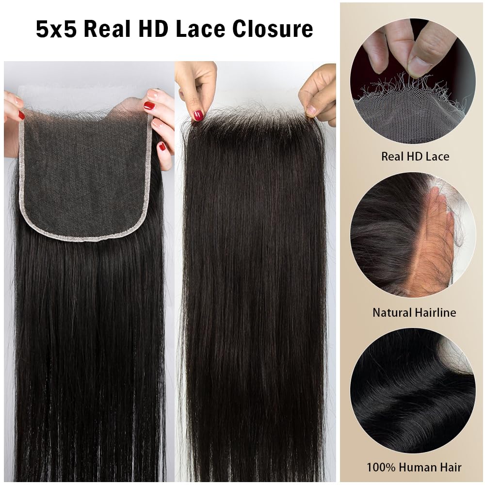 KRN 5x5 HD Lace Closure, Skinlike Undetectable Melted Lace Closure Pre Plucked with Baby Hair 12A Grade Brazilian Virgin Human Hair Breathable and Thin 0.10mm Invisible Swiss HD Lace Closure 16 Inch