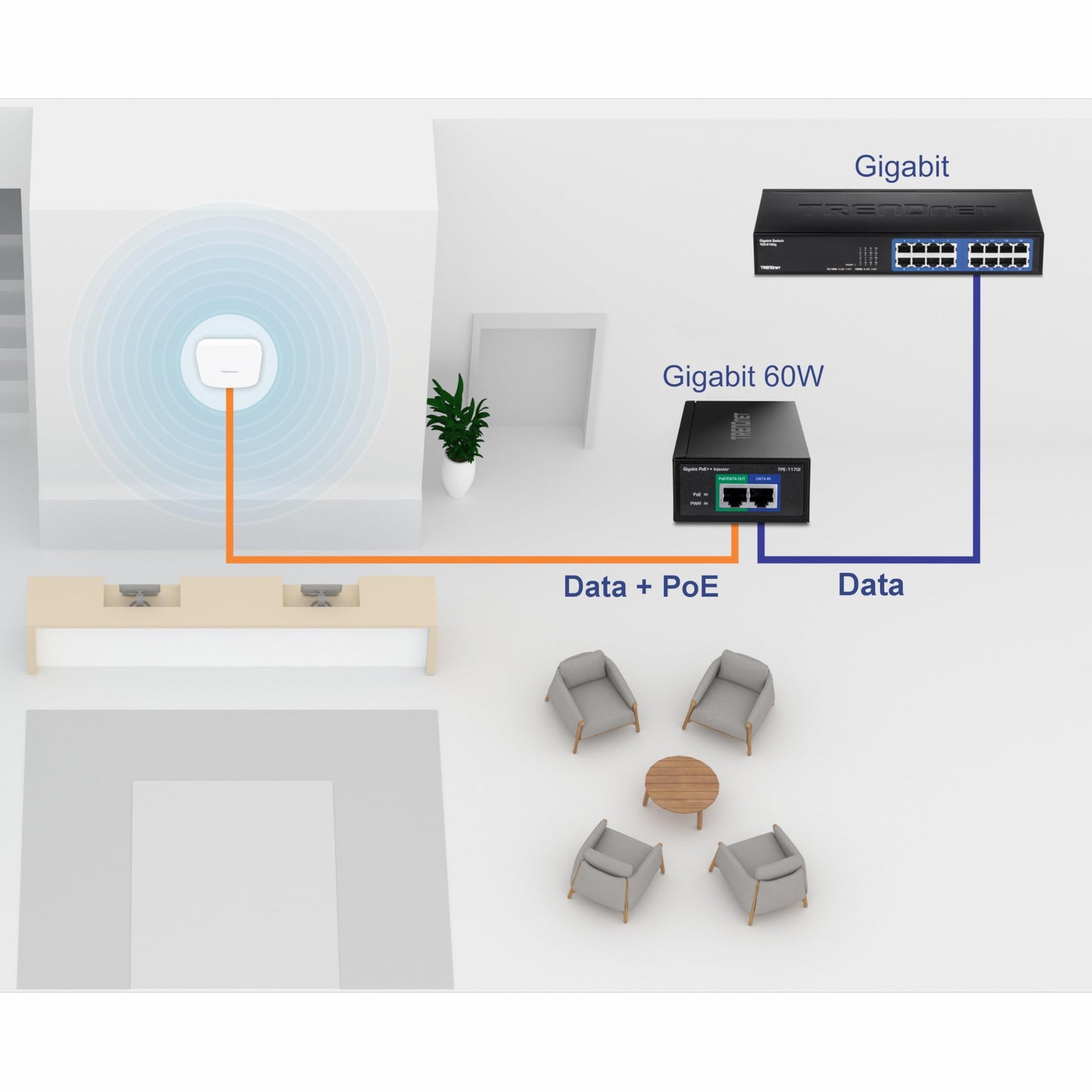 TRENDnet Gigabit PoE++ Injector, Supplies PoE (15.4W), PoE+ (30W), or PoE++ (60W), Network A PoE Device Up to 100m(328 ft), Supports IEEE 802.3af,802.at, Plug & Play, Black, TPE-117GI