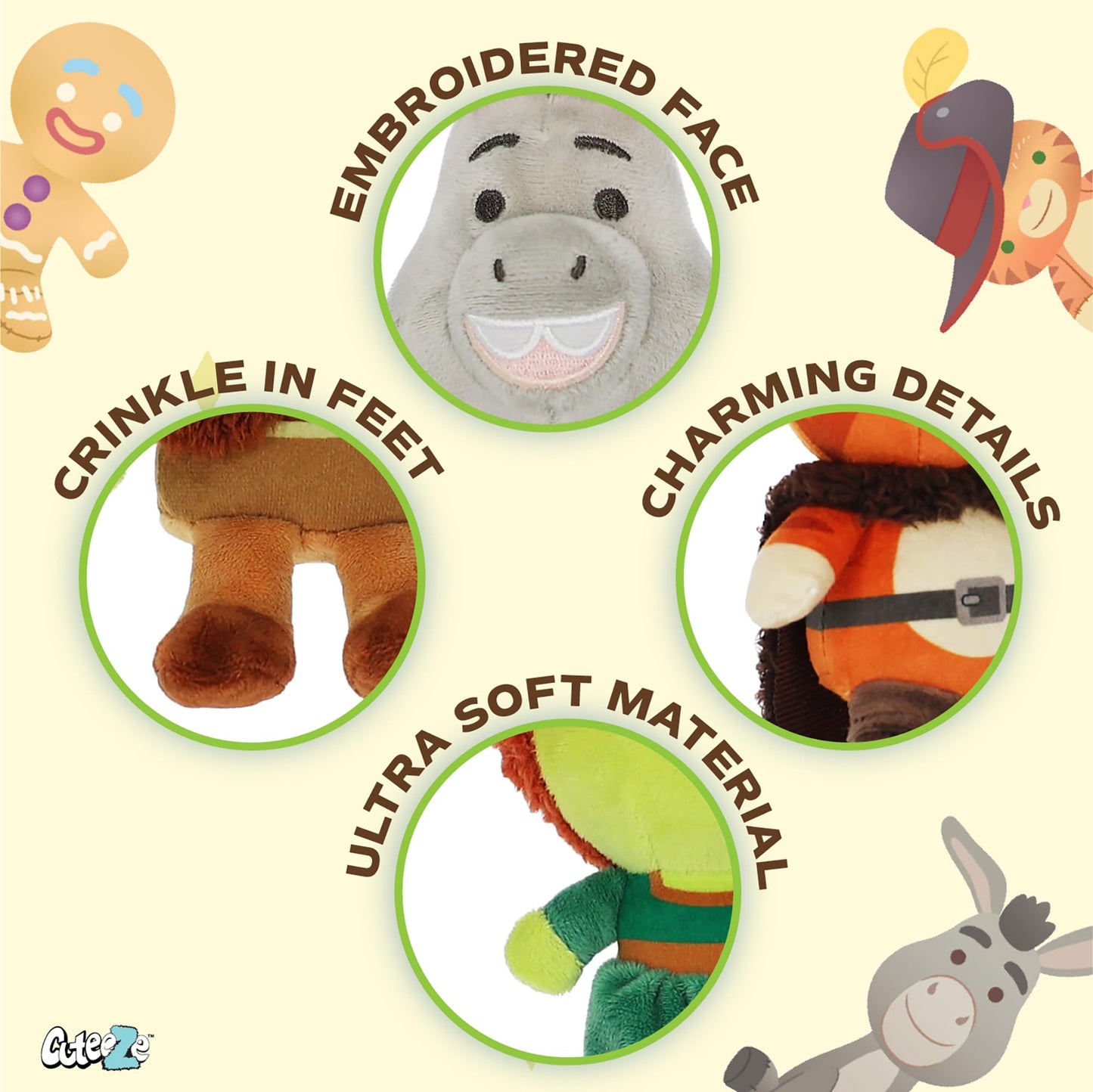 Kids Preferred Shrek Cuteeze 4 Piece Set - 6 Inch Shrek, Fiona, Donkey, and Puss in Boots Plush - Beans in Body for Comfort, for Baby Boys & Girls
