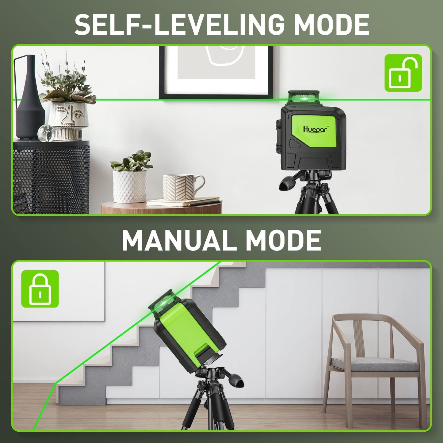 Huepar 901CG Self-Leveling Laser Level, 360 Green Beam Cross Line Laser Tool, Alignment 360-Degree Horizontal Line with Pulse Mode, Magnetic Pivoting Base Included