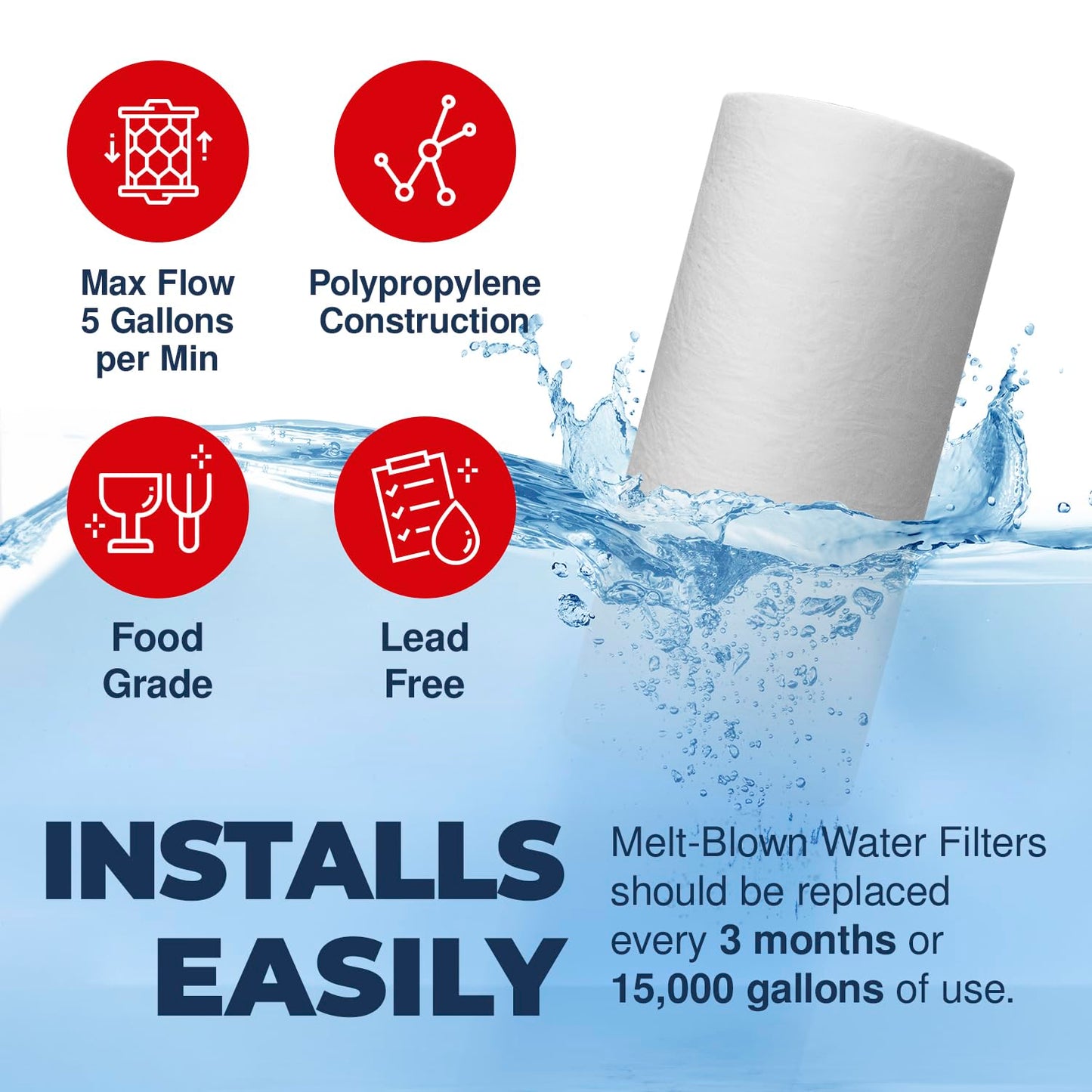 American Made, Sediment Water Filter, 10" x 4.5", Replacement for Pentair Pentek DGD-5005, GE® GXWH40L, GXWH35F, Culligan® RFC-BBSA, 3M® Aqua-Pure® AP810, 5 Micron, Pack of 4