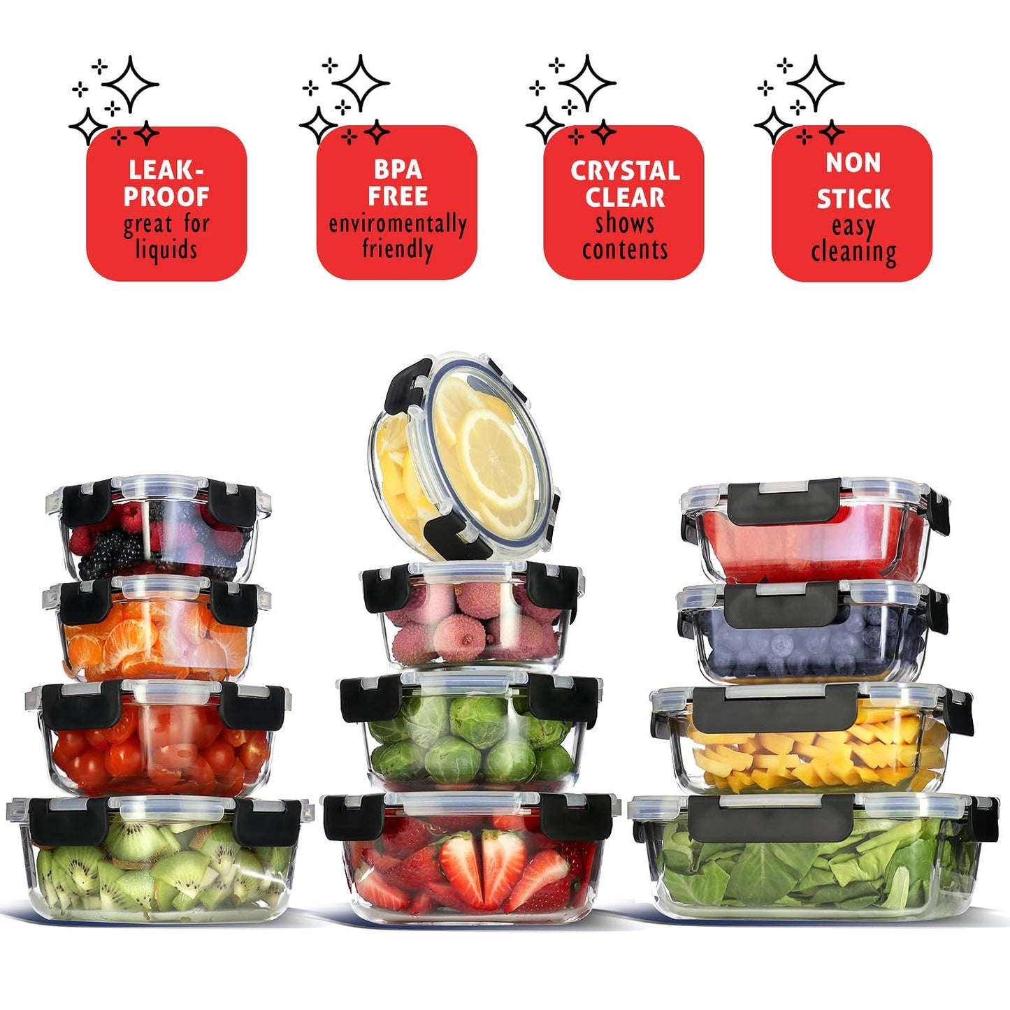 Nestl 24pc Glass Storage Containers with Lids, 12 Glass Food Storage Containers with 12 Airtight Lids for Pantry & Kitchen, Meal Prep Containers for Lunch, Oven Microwave & Dishwasher Safe, Black