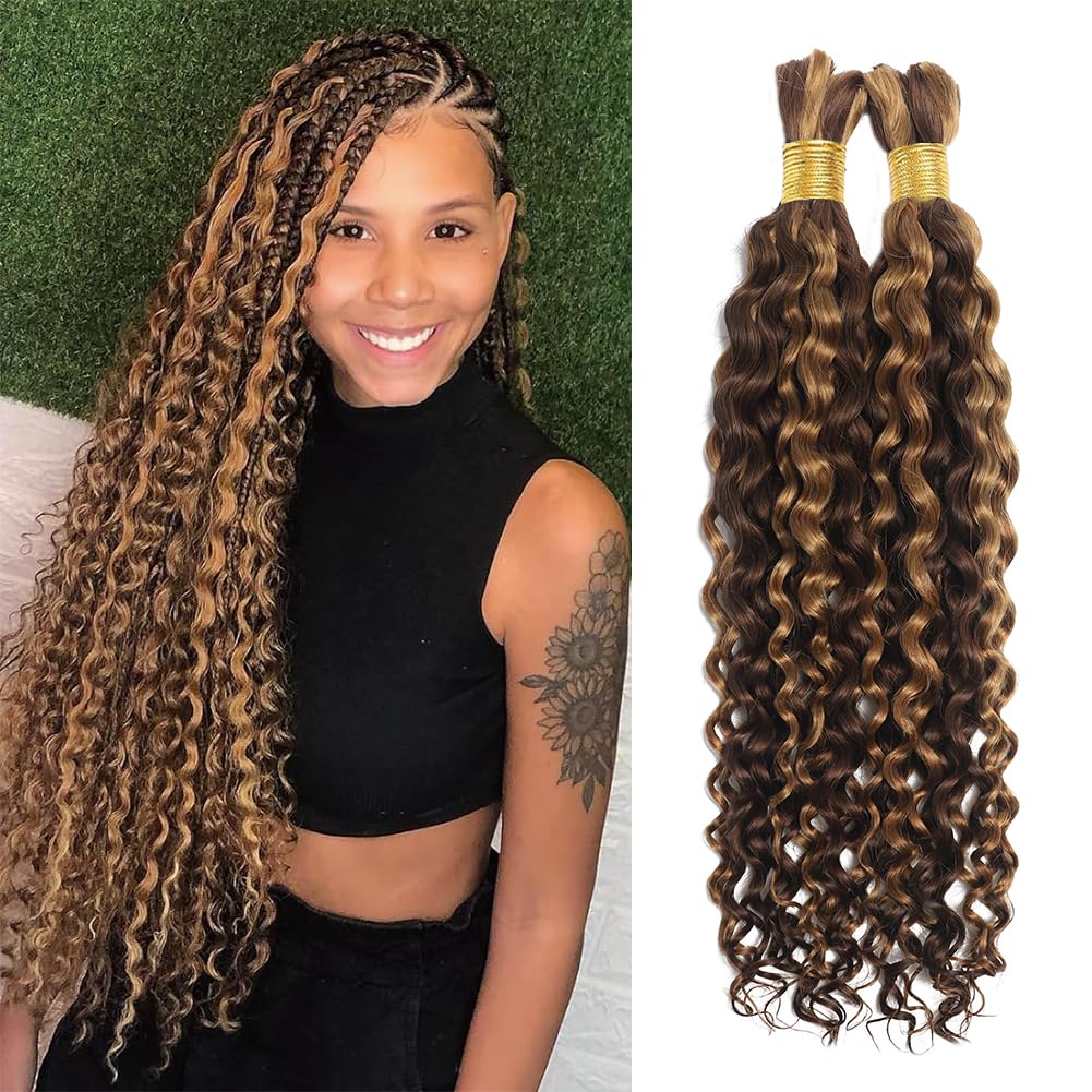 Human Braiding Hair for Boho Knotless Braids Bulk 16Inch Curly Bundles Human Hair for Micro Braiding Wet and Wavy Water Wave No Weft Human Hair Extension for Box Boho Braids 100g with 4/27# 16Iinch