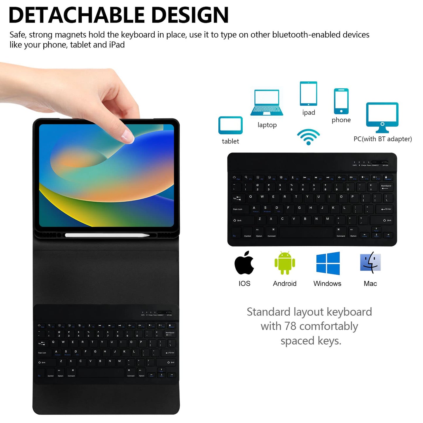 besky Keyboard Case for iPad Air 13 (M2) 2024 & iPad Pro 12.9 inch (5th, 6th Generation), (Compatible for 13 inch Air & 12.9 inch Model) - Wireless Detachable Keyboard with Auto Sleep/Wake Function