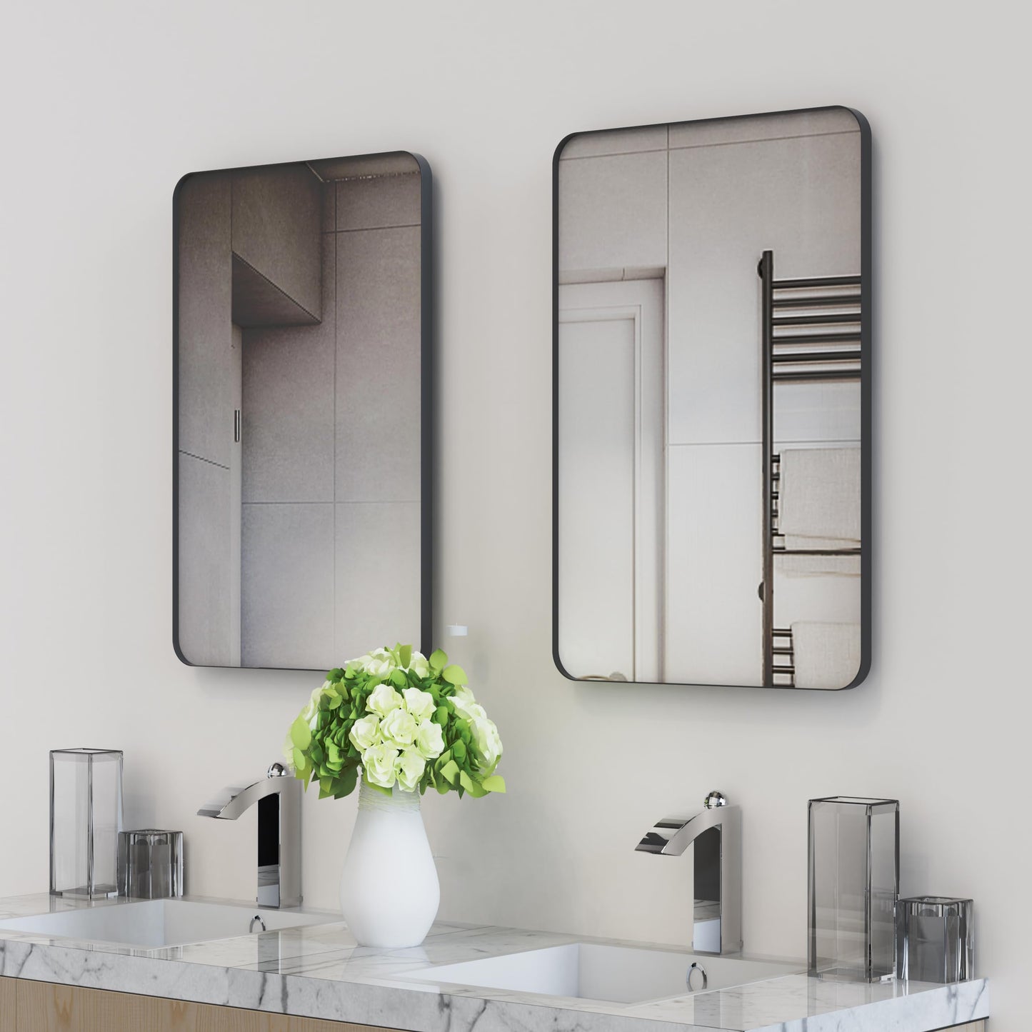 VocalStar Black Metal Framed Bathroom Mirror for Wall, 16 x 24 Inch Rounded Rectangle Matte Black Bathroom Vanity Mirror Farmhouse, 1/4-inch Shatterproof Glass | Ultra-Flush Hanging