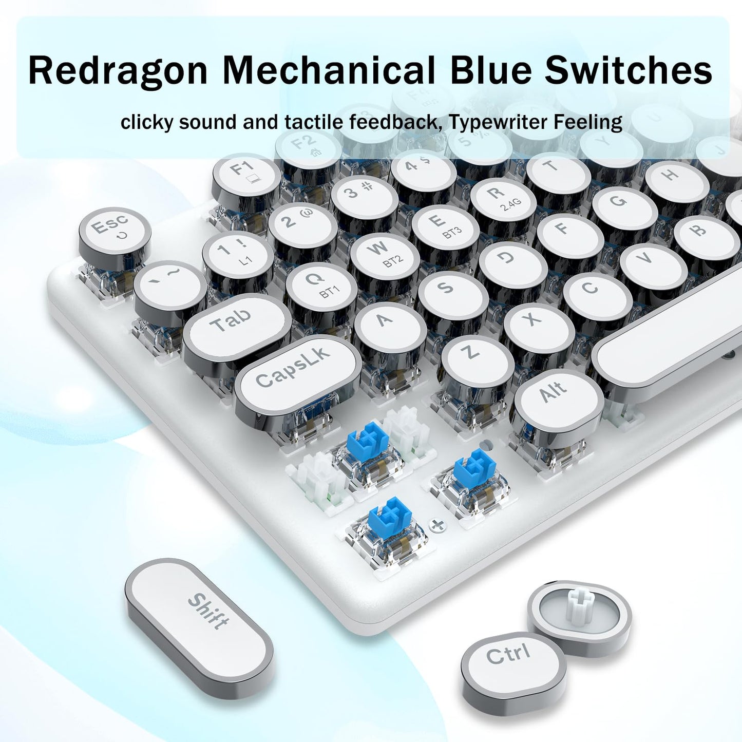 Redragon K710 Wireless Typewriter Mechanical Gaming Keyboard, Bluetooth/2.4Ghz/Wired, RGB Backlit, Blue Switch - Clicky, Rechargeable, Metal Panel, Round Keycaps, White