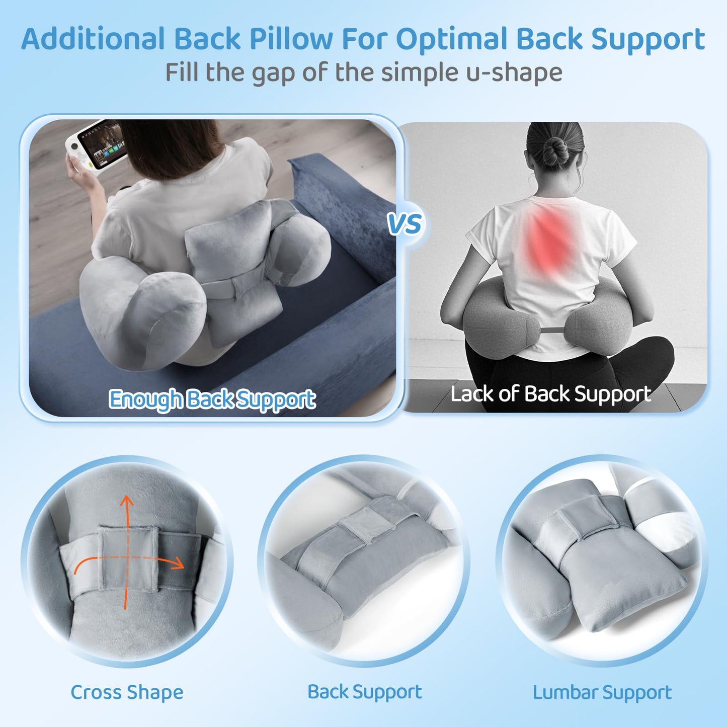 Pyurifai Crochet Pillow for Lap Support - Reading Pillow for Laptop with Extra Back Pillow for Support, Enlarged Gaming Pillow for Lap, Multi-Purpose Reading Pillow for Gaming/Working/Crocheting, Grey
