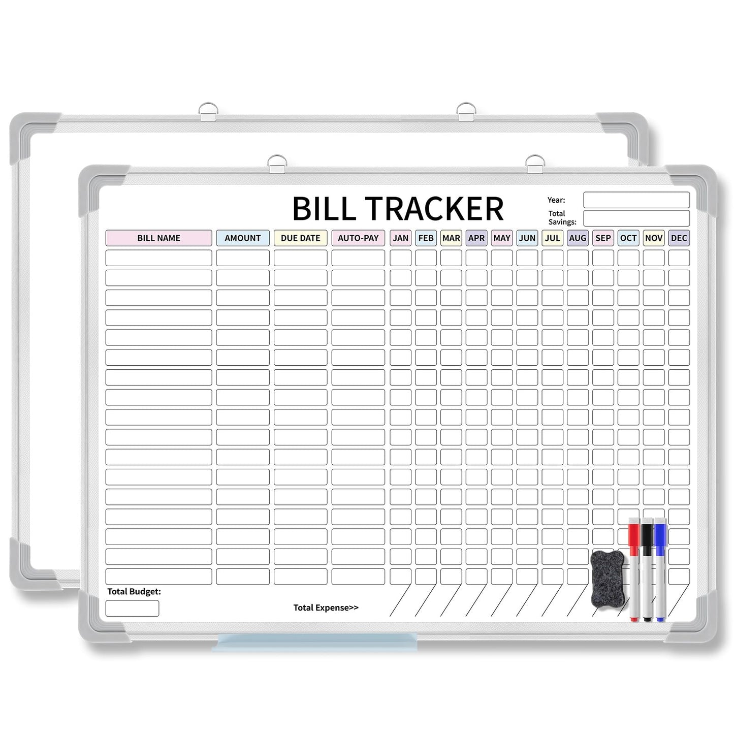 Feifeiya 24 x 18 Inch Monthly Bill Payment Tracker Whiteboard, Magnetic Dry Erase Budget Organizer, Aluminum Frame Wall Planner for Manage Personal Finance 12 Month(Classic)