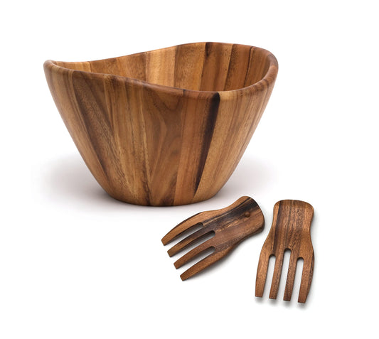 Acacia Wave Bowl with Salad Hands