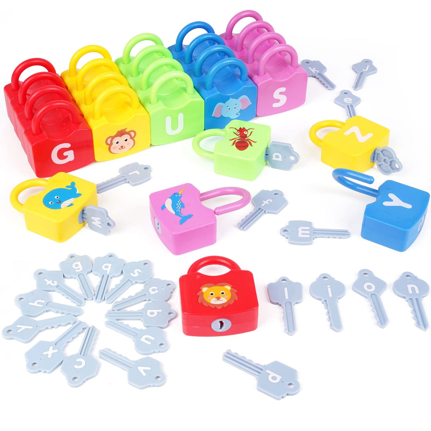 AXEARTE Montessori Educational Toys - Alphabet Learning Locks and Keys for Toddlers - Set of 26 Locks and Keys - Sensory Toys for Baby Motor Skills