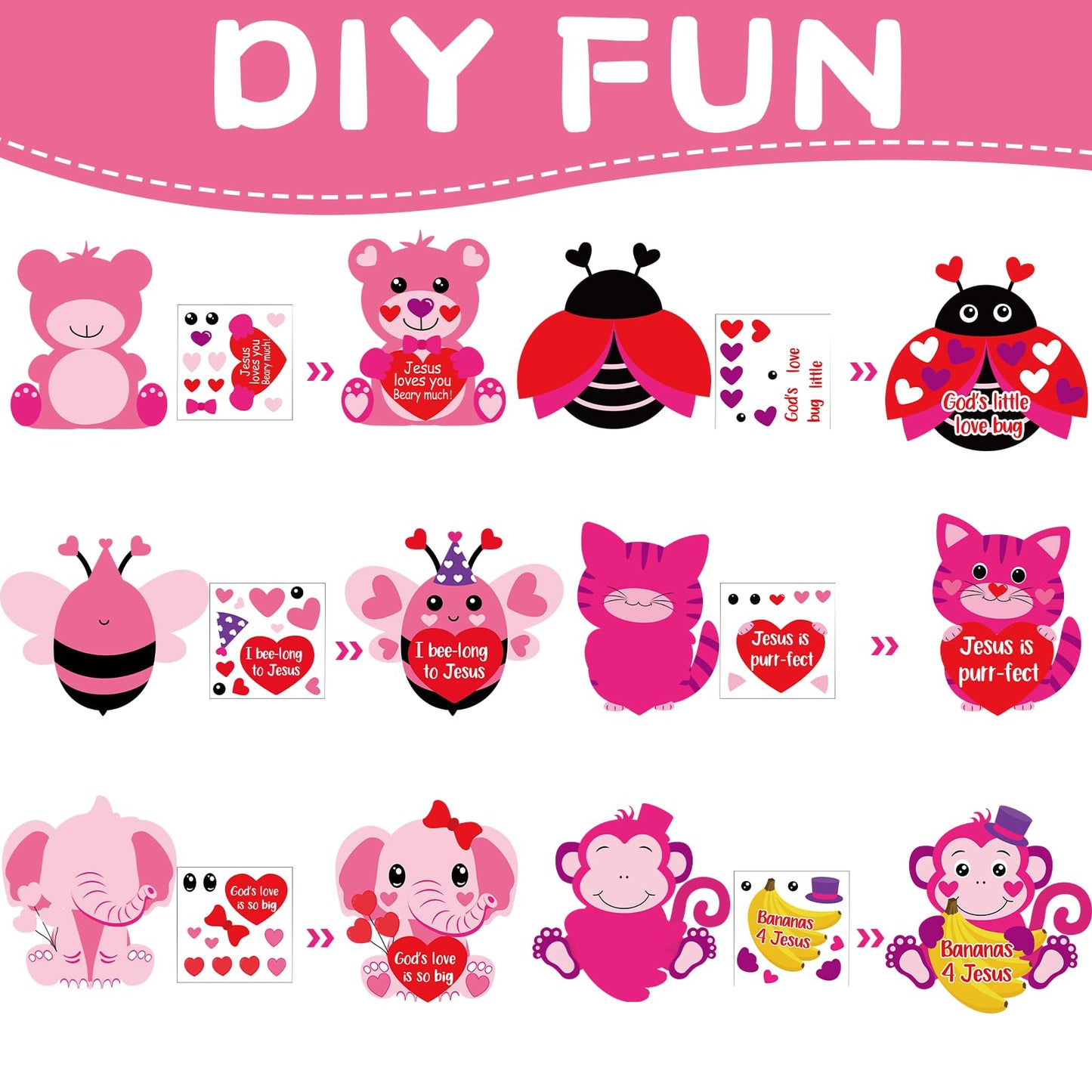 Lonfliness 36 Sets Valentine's Day Religious Animal Craft Kits for Kids Valentine's Heart Jesus Sticker Crafts Make Your Own Christian Arts Crafts for DIY Home Sunday School Classroom Activity Decor