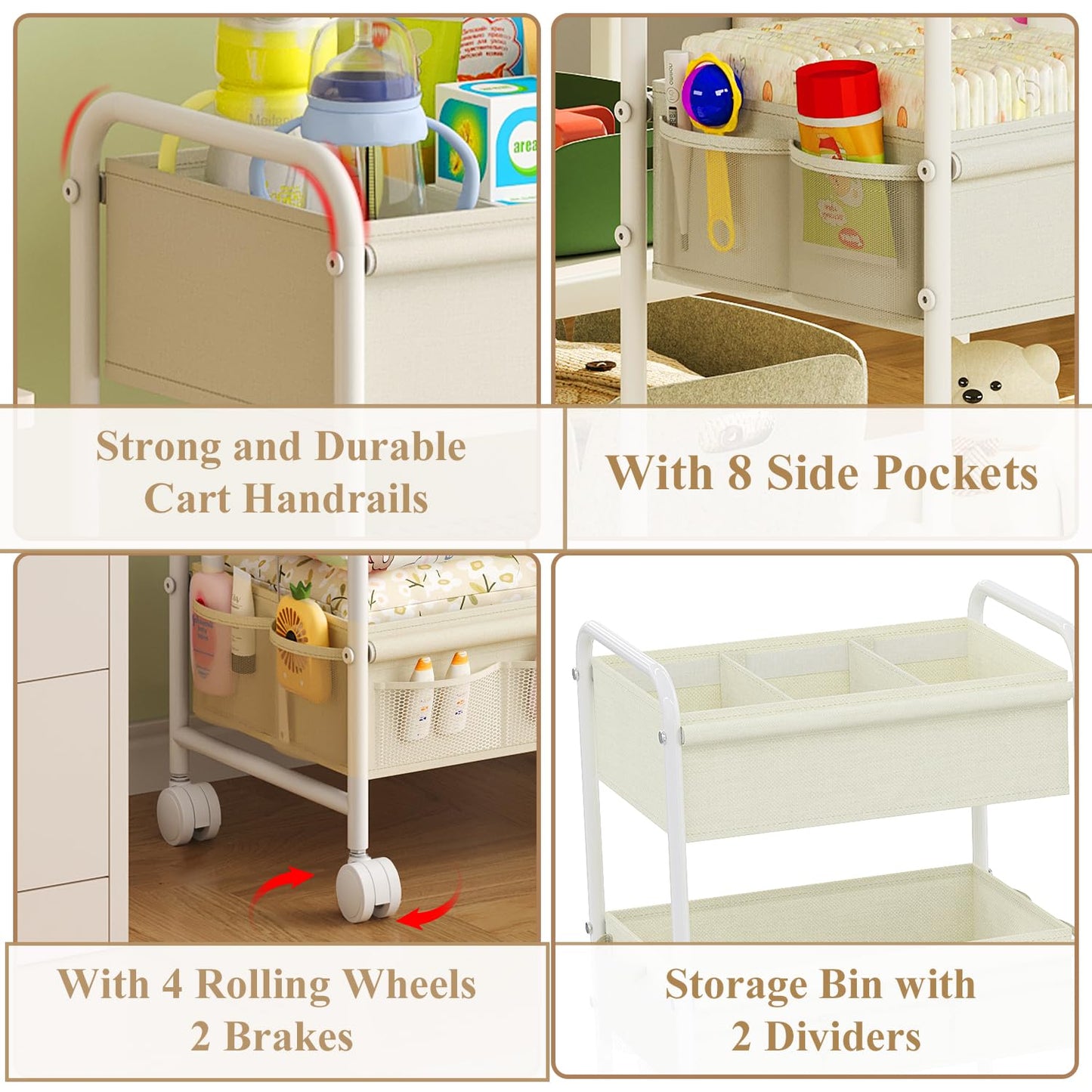 3-Tier Baby Diaper Caddy Cart Organizer,Mobile Nursery Storage Carts with Wheels,With 2 Dividers&14 Mesh Pockets Durable Metal Utility Cart for Nursery, Bedroom, Bathroom, Baby Essentials Organization