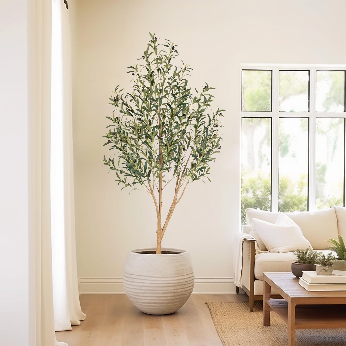 Tall Faux Olive Tree，6ft（72in） Realistic Potted Silk Artificial Olive Tree， Fake Olive Trees Indoor with Green Leaves and Big Fruits for Home Office Living Room Stairs Patio Decor.