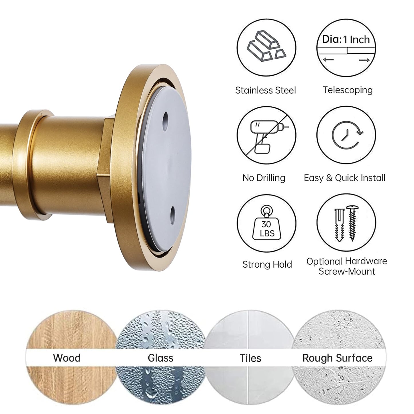 BRIOFOX Industrial Shower Curtain Rod - 2-in-1 Design Tension Curtain Rod - Rustproof Non-Slip 43 to 72 Inch Metal Steel, Frosted Gold Painted Window Curtain Rod