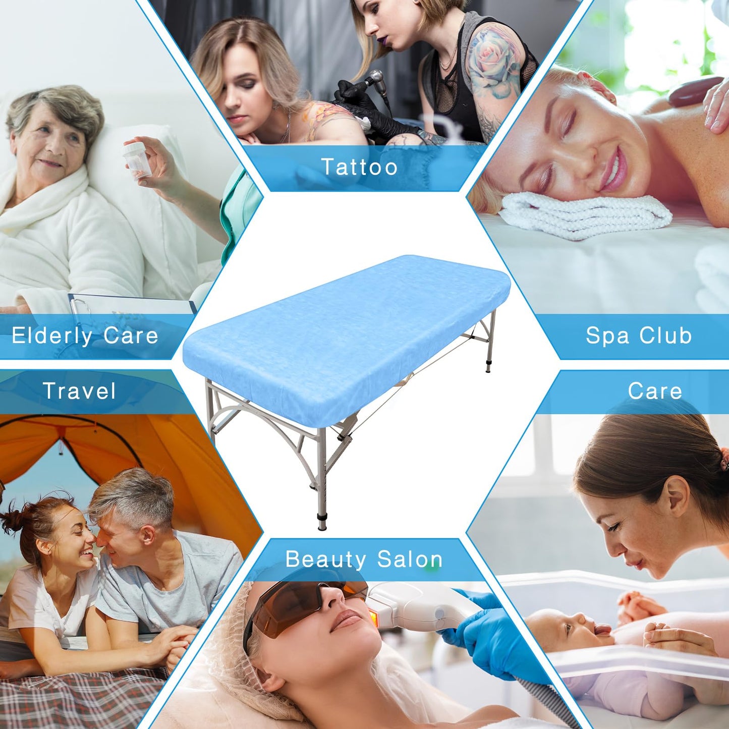 Oudain 50 Pcs 39 x 87'' Disposable Fitted Sheets with Elastic, Disposable Massage Bed Sheets Covers for Spa Beauty Salon Waterproof Oilproof(Blue)
