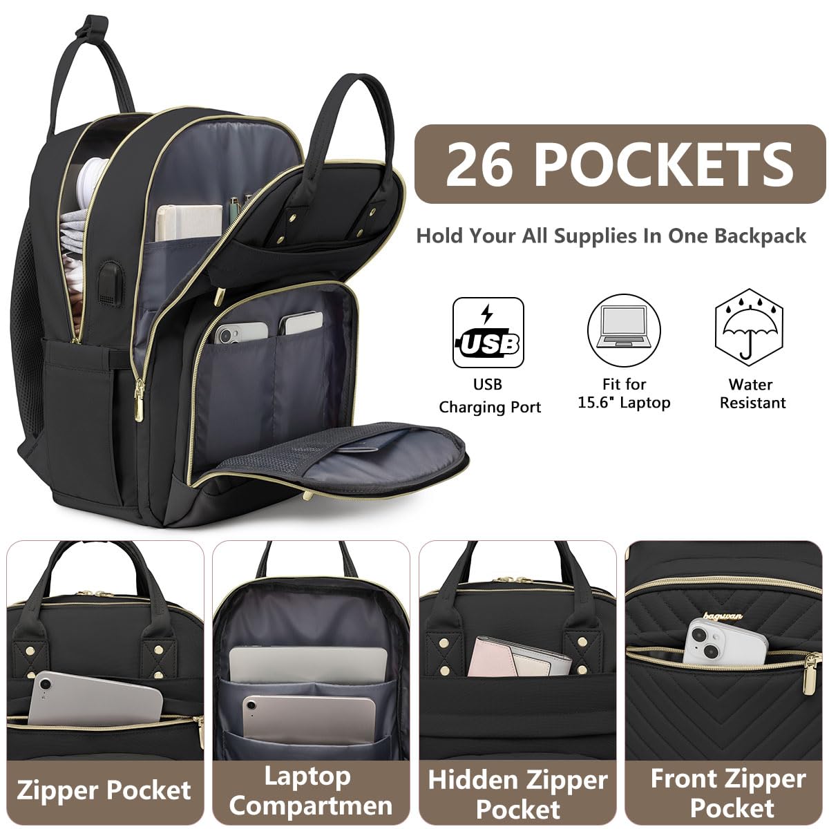 Laptop Backpack for Women Work Bag - 15.6 inch Black Travel Backpack College Backpack with USB Charger Business Office Back Pack for Teacher Casual Waterproof Bookbag for Nurses