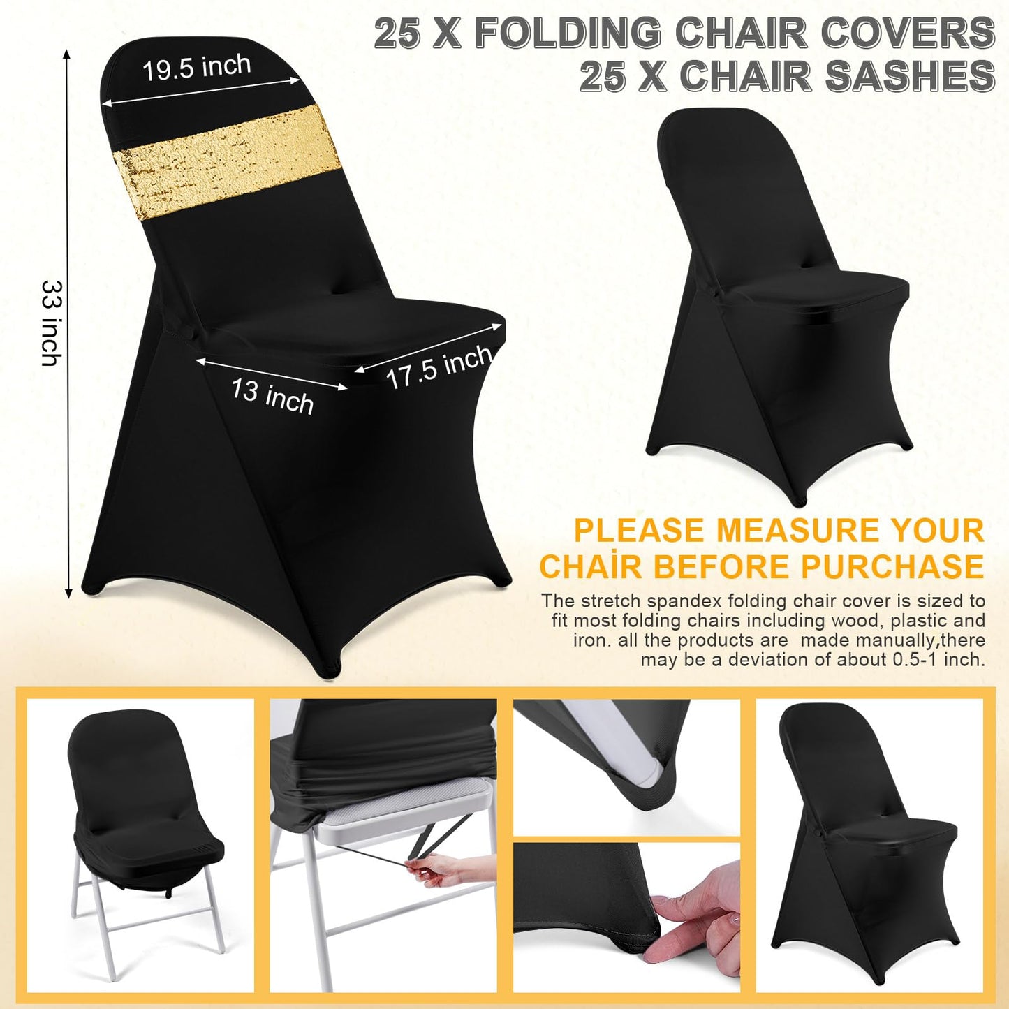 Windyun 50 Pcs Stretch Spandex Folding Chair Cover and Sequin Chair Sashes Set, 25 Double Sided Sequin Bows and 25 Universal Washable Protector for Wedding Banquet(Black, Gold)