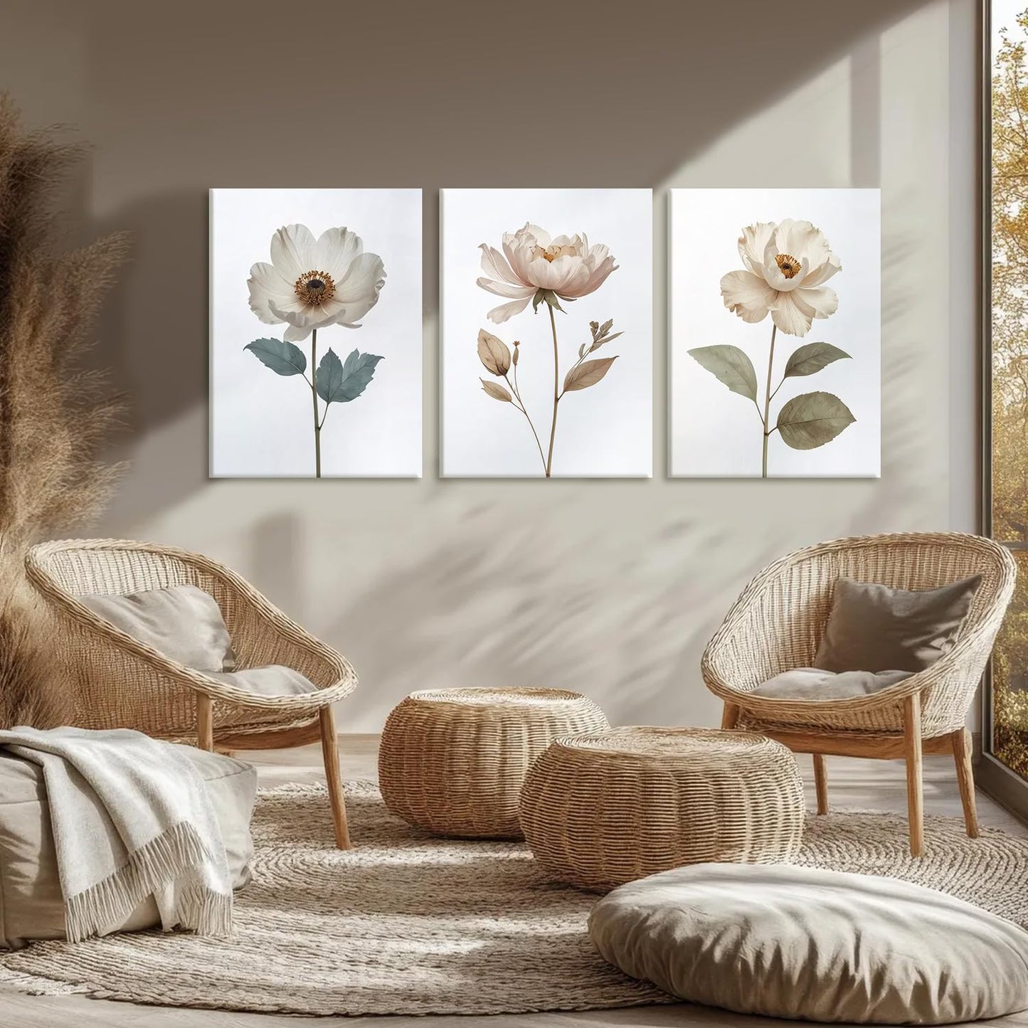 AUUAUU Elegant Neutral Floral Wall Art Set of 3 Framed Boho Botanical Aesthetic Canvas Prints Peony Anemone Flower Art Posters 16x24 Inch Minimalist Wall Decor for Home Kitchen Living Room Bedroom