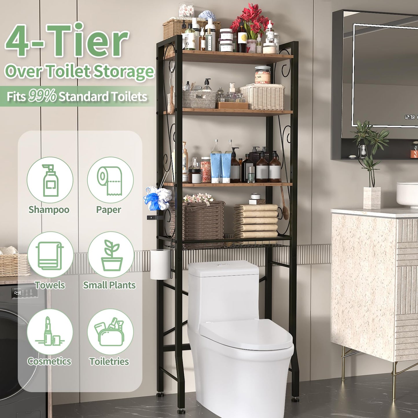 Over-The-Toilet Storage Rack 4-Tier,Bathroom Organizer Shelf Over Toilet,Adjustable Wooden Shelves and Basket,Freestanding Above Toilet Shelf,Space Saver for Rooms(Black Rack-Rustic Brown Shelves)