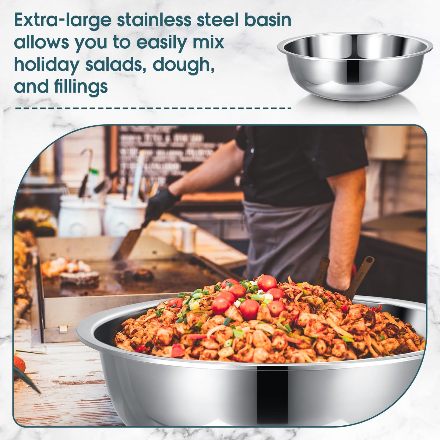 Nuogo 4 Pcs Stainless Steel Mixing Bowls Metal Mixing Bowls Extra Large Basin Salad Basin Deeper Edge Dishwasher Safe Mirror Finish for Home and Commercial, Silver (18 Inch 16 Qt)