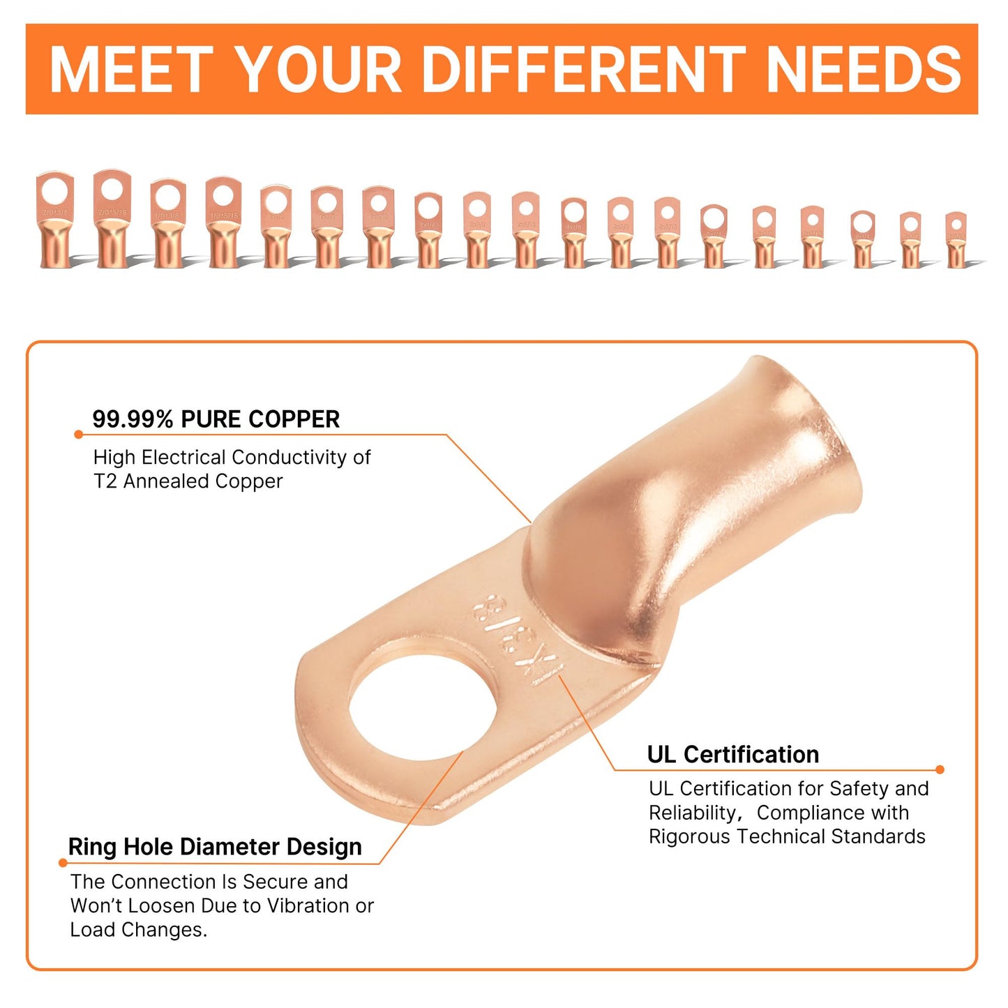 Kuject 220PCS Battery Cable Ends AWG 1 2 4 6 8 1/0 2/0 Gauge, 110PCS Heavy Duty Copper Wire Lugs Kit, Battery Cable Terminal Connectors Assortment with 110PCS 3:1 Heat Shrink Tubing