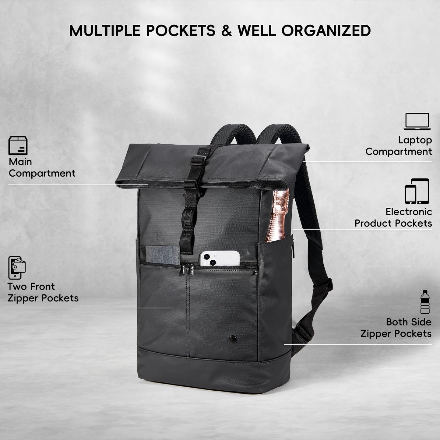 Rolltop Backpack for Adults, Water Resistant Expandable Daypack with Dedicated Compartment Fits 15.4” Laptops, Roll Top Back packs for Travel, Work Buisness, Commute, College & Carry-On Trips, Black