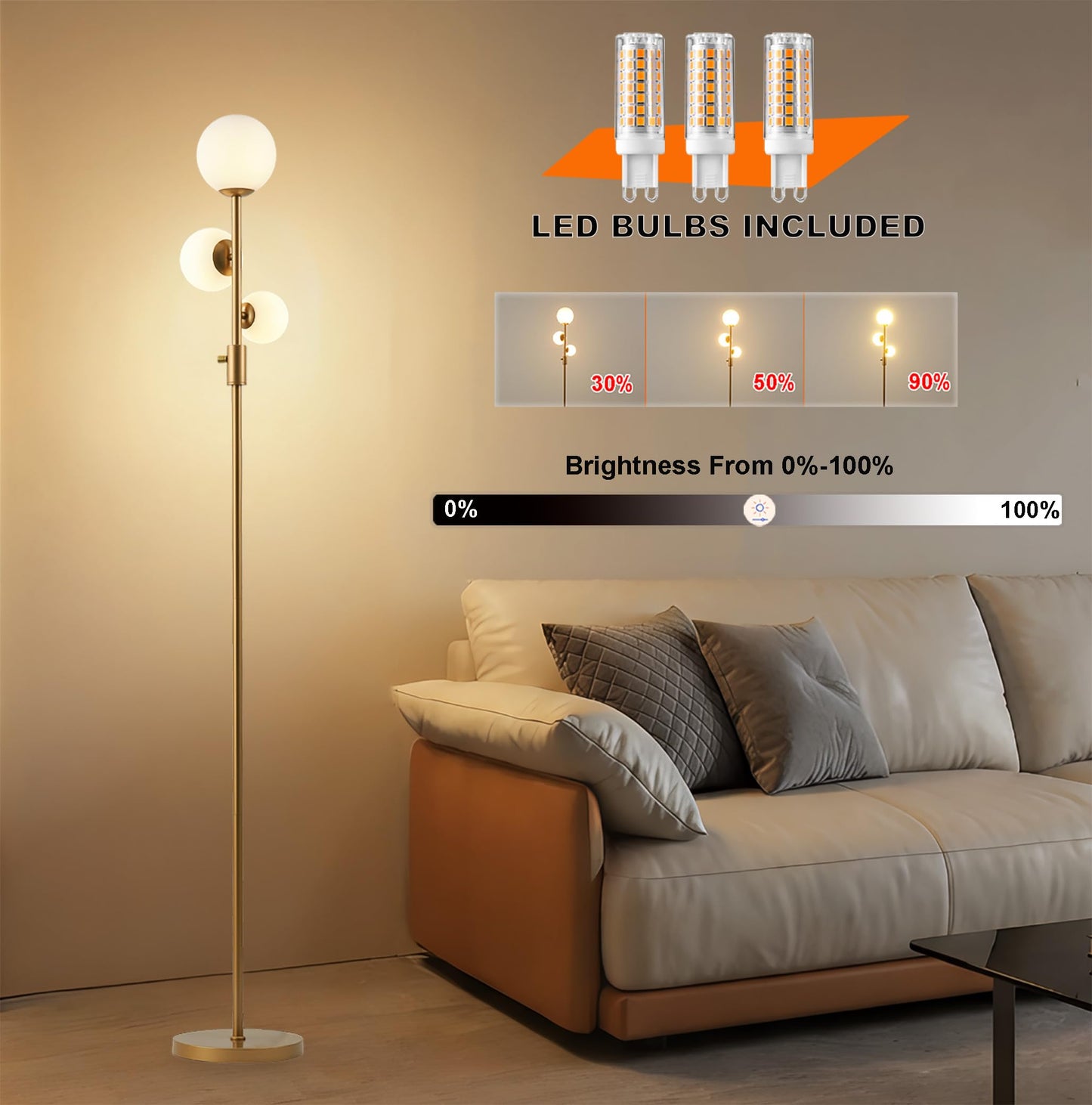 Fiqevs Dimmable 3 Globe Floor Lamp - Mid Century Modern Gold Standing Lamp with Frosted Glass Shade & LED Bulbs for Living Room, Bedroom, Office