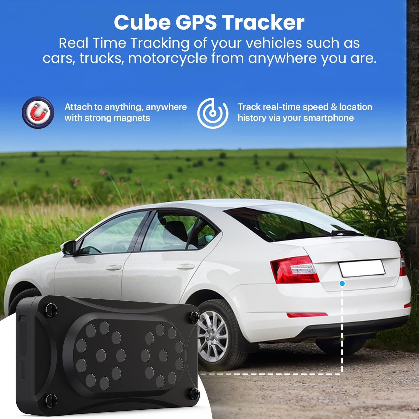 Cube GPS Tracker for Vehicles – Magnetic GPS Car Tracker, Real Time Worldwide Location Geo-Fencing, Hidden Tracking Device for Fleet Assets, Truck, Auto, Trailer, 1 Year Battery, Subscription Required