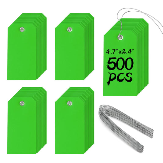 500 Pieces Plastic Shipping Tags with Wire Waterproof Hang Tags Heavy Duty Labeling Tags with String Wires Tags Labels Labeling Tags Stacking Tags for Equipment Car Parts (Green, 4 3/4 x 2 3/8)