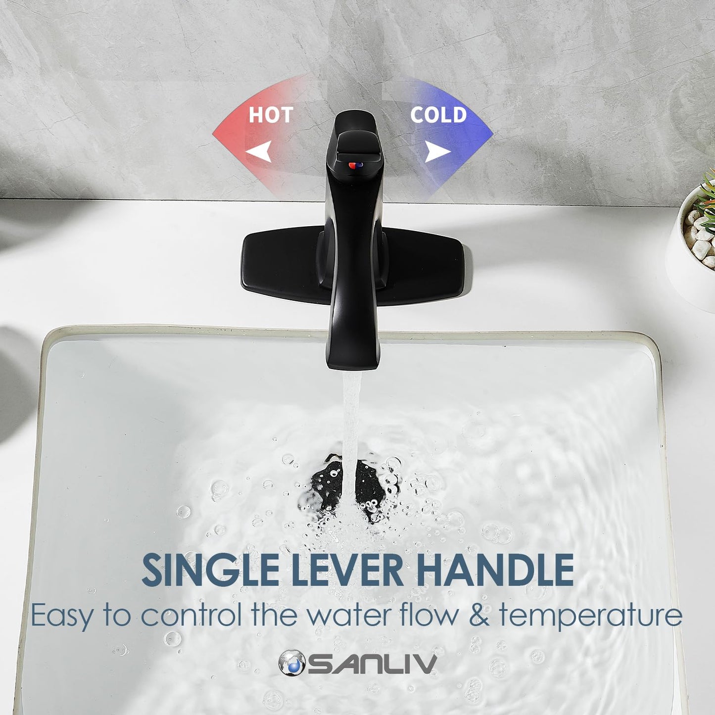 Matte Black Bathroom Faucet 1 Hole, Sanliv Single Handle Bathroom Sink Faucet, Modern Black Vanity Faucet with Deckplate & Pop-Up Drain for One or 3-Hole Farmhouse Sinks
